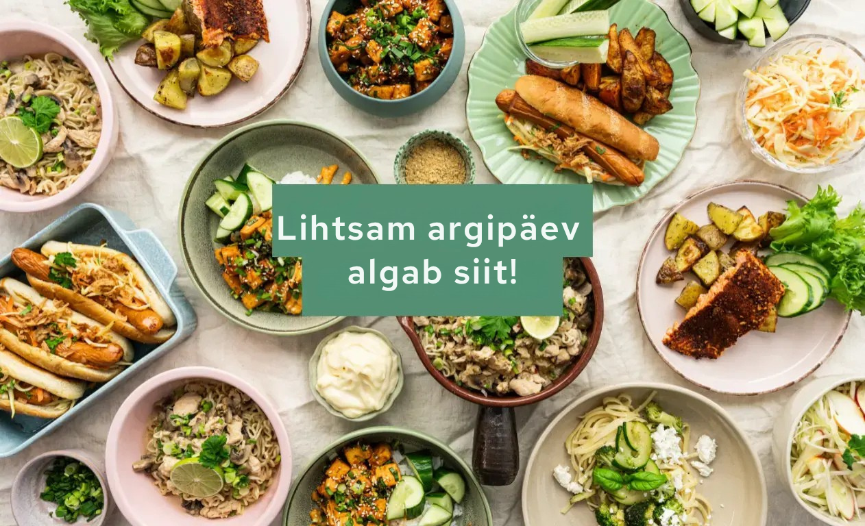 Overhead view of a table filled with many diverse meals, including hot dogs, salmon, pasta, and rice dishes. A green banner with the text 'Lihtsam argipäev algab siit!' covers the center.