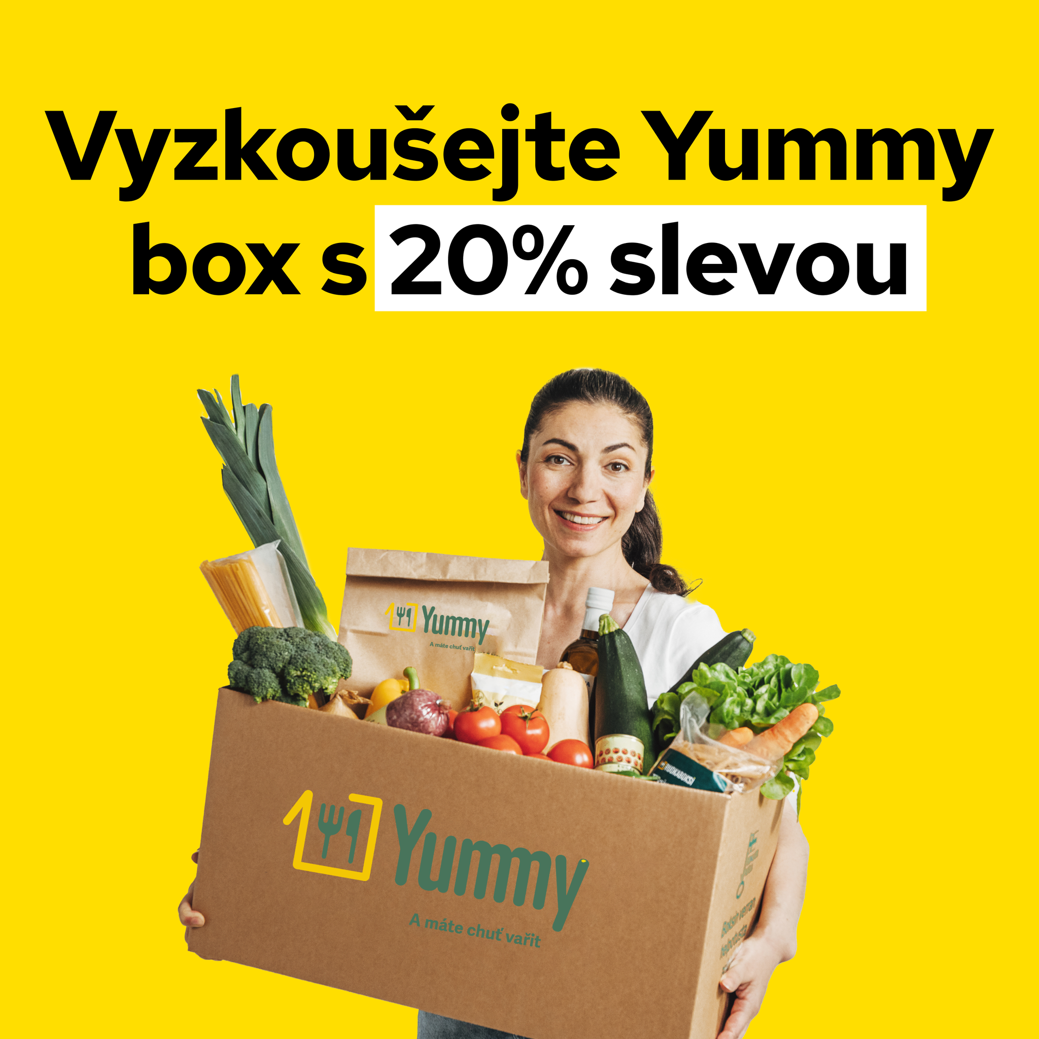 A smiling woman holding a Yummy box full of food with the text “Try Yummy with a 20% discount”.