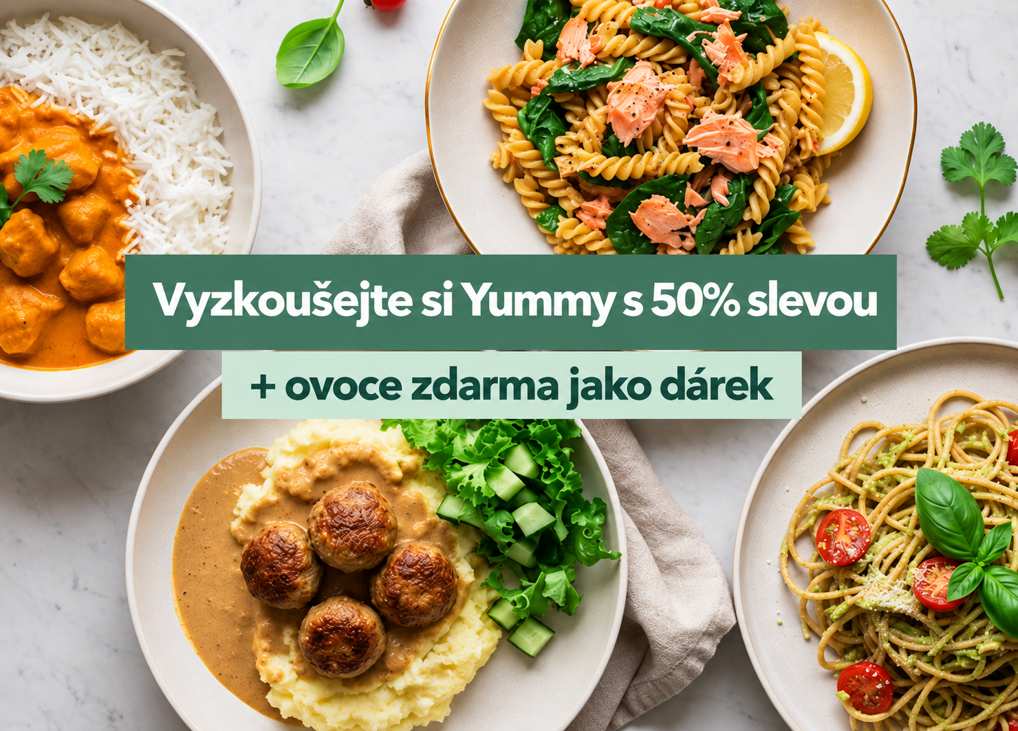 Four different meal plates including curry, salmon pasta, meatballs with mashed potatoes, and pesto pasta, surrounding a banner offering "Try Yummy with a 30% discount + an extra fruit box for free as a gift."