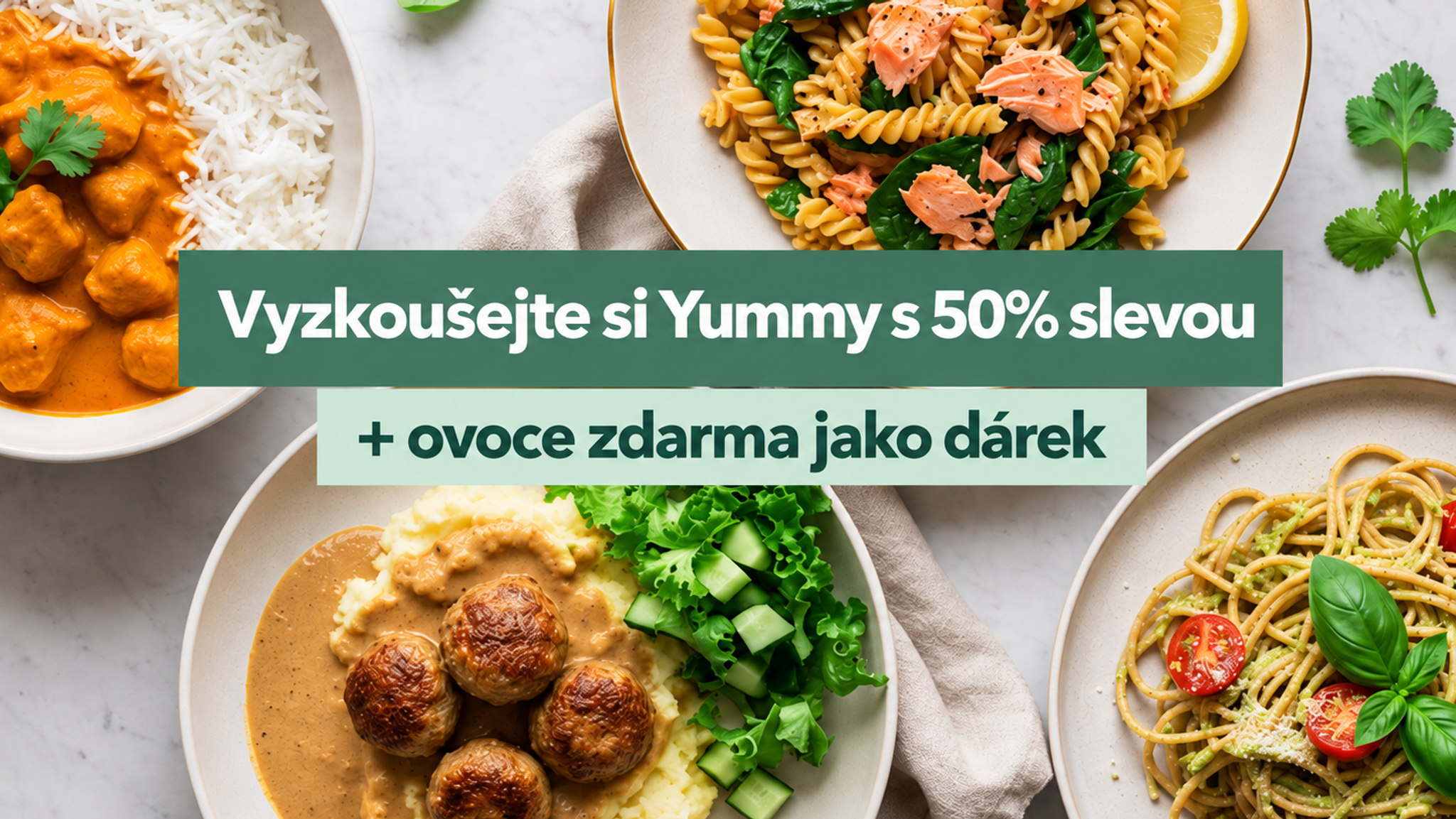 Four different meal plates including curry, salmon pasta, meatballs with mashed potatoes, and pesto pasta, surrounding a banner offering "Try Yummy with a 30% discount + an extra fruit box for free as a gift."