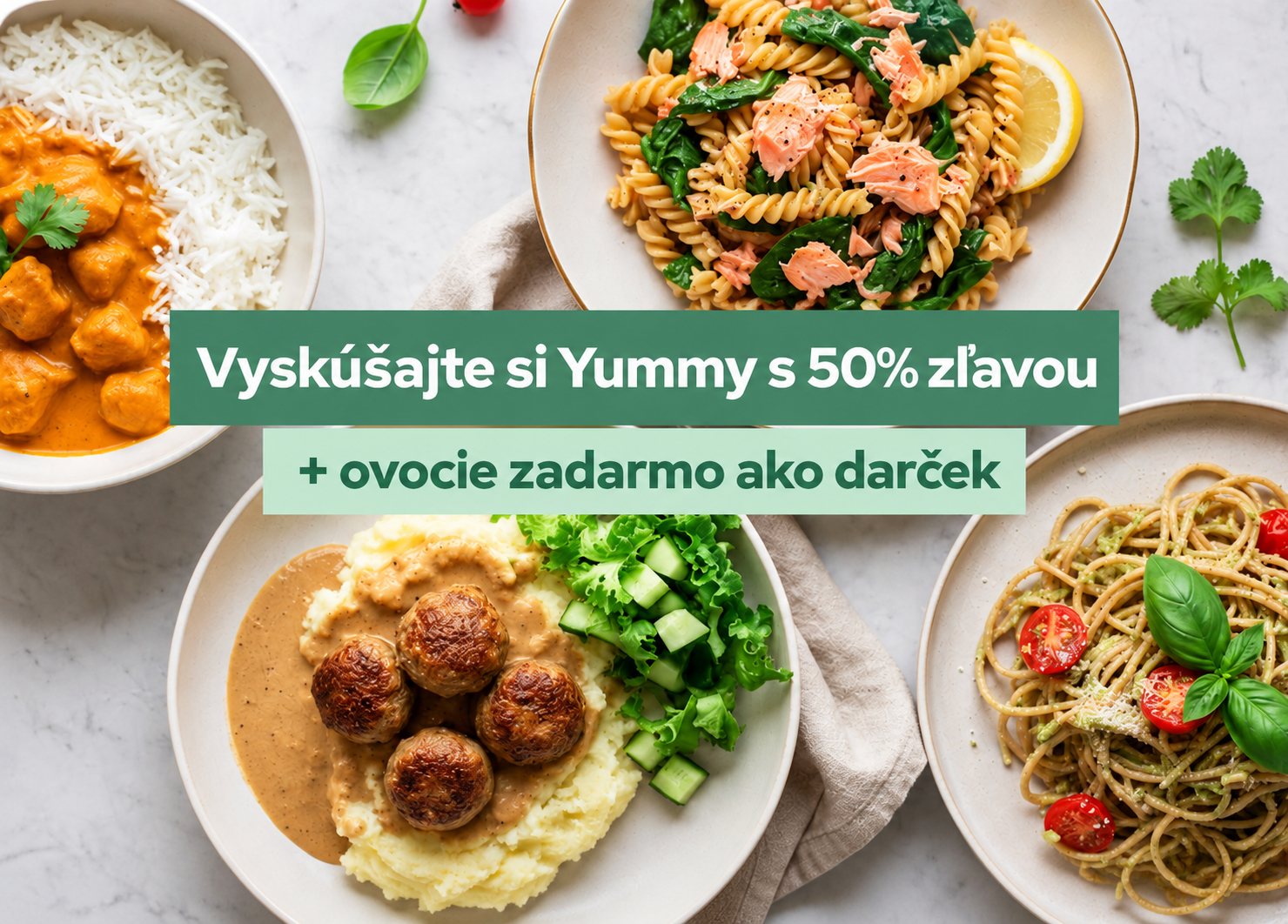 Four diverse meals (curry, pasta, meatballs, spaghetti) with text advertising a 30% discount on Yummy and extra free fruit.