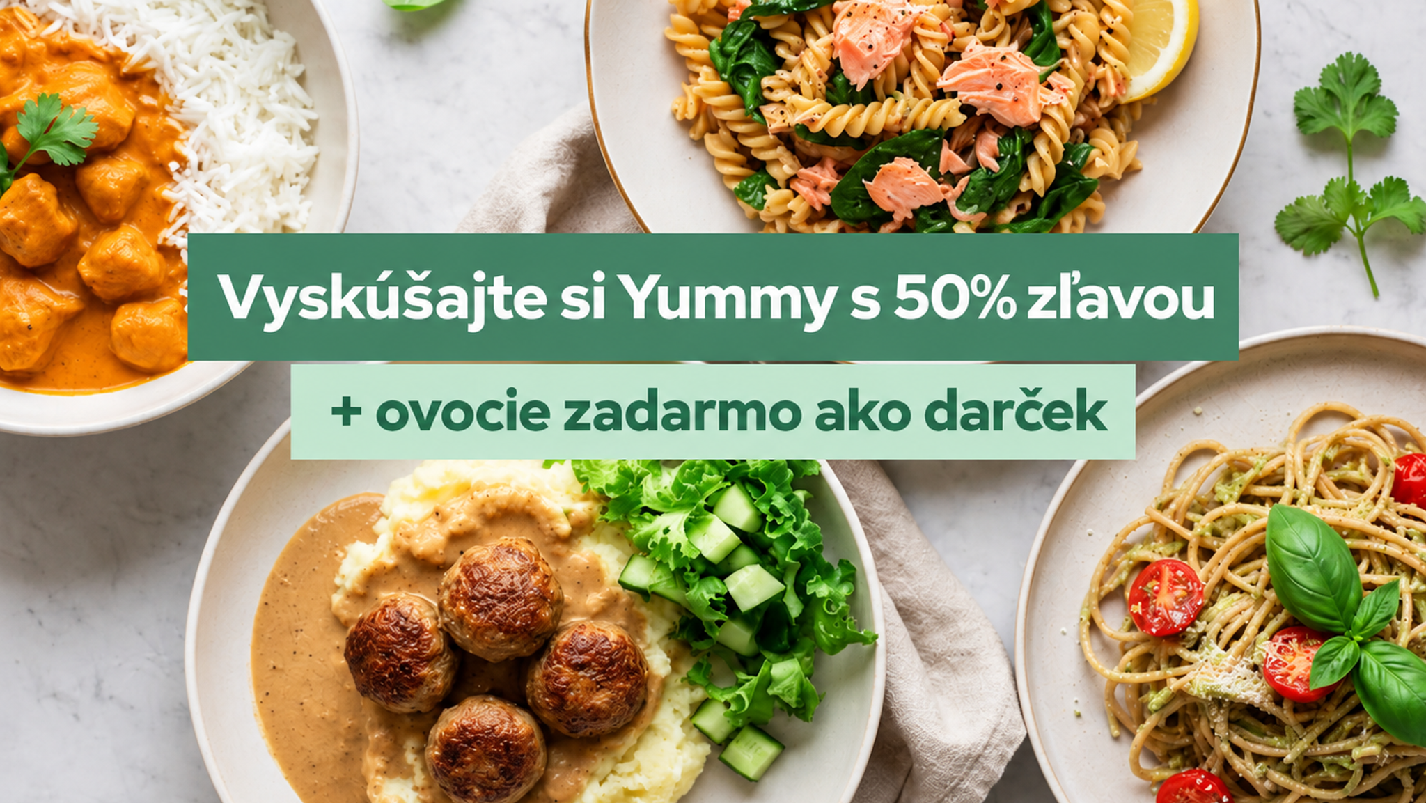 Four diverse meals (curry, pasta, meatballs, spaghetti) with text advertising a 30% discount on Yummy and extra free fruit.
