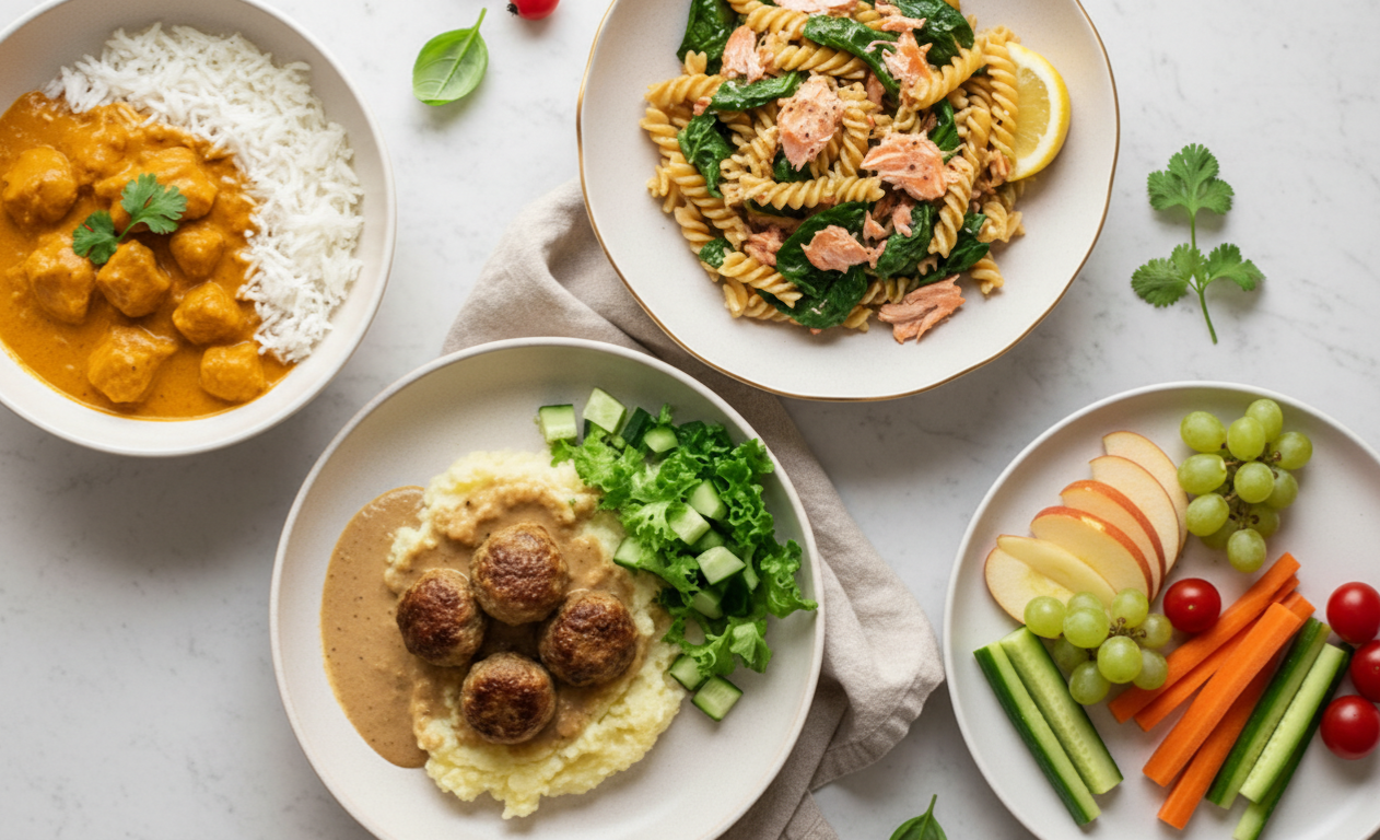 Four different meal plates including curry, salmon pasta, meatballs with mashed potatoes, and pesto pasta, surrounding a banner offering "Try Yummy with a 30% discount + an extra fruit box for free as a gift."