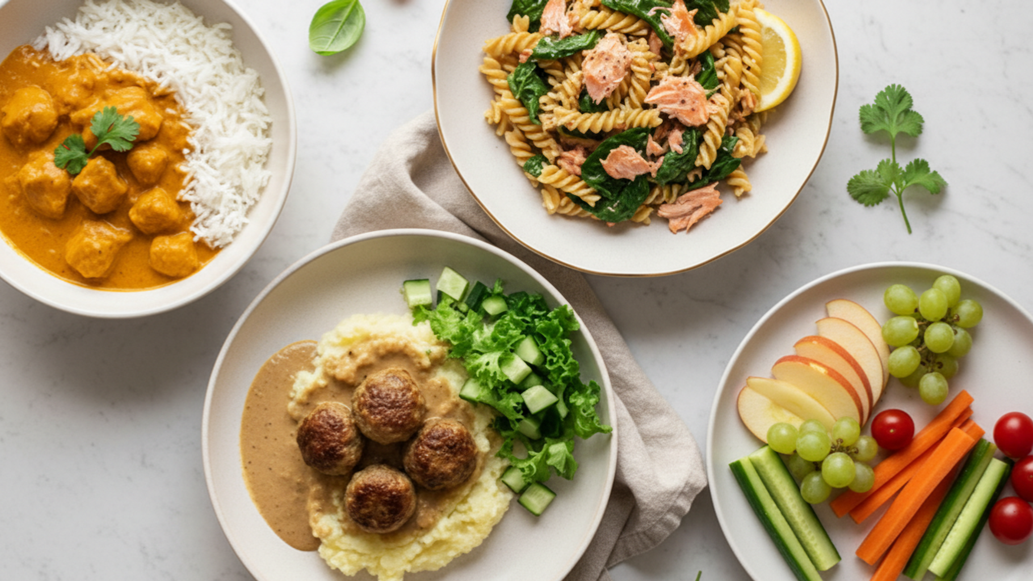 Four different meal plates including curry, salmon pasta, meatballs with mashed potatoes, and pesto pasta, surrounding a banner offering "Try Yummy with a 30% discount + an extra fruit box for free as a gift."
