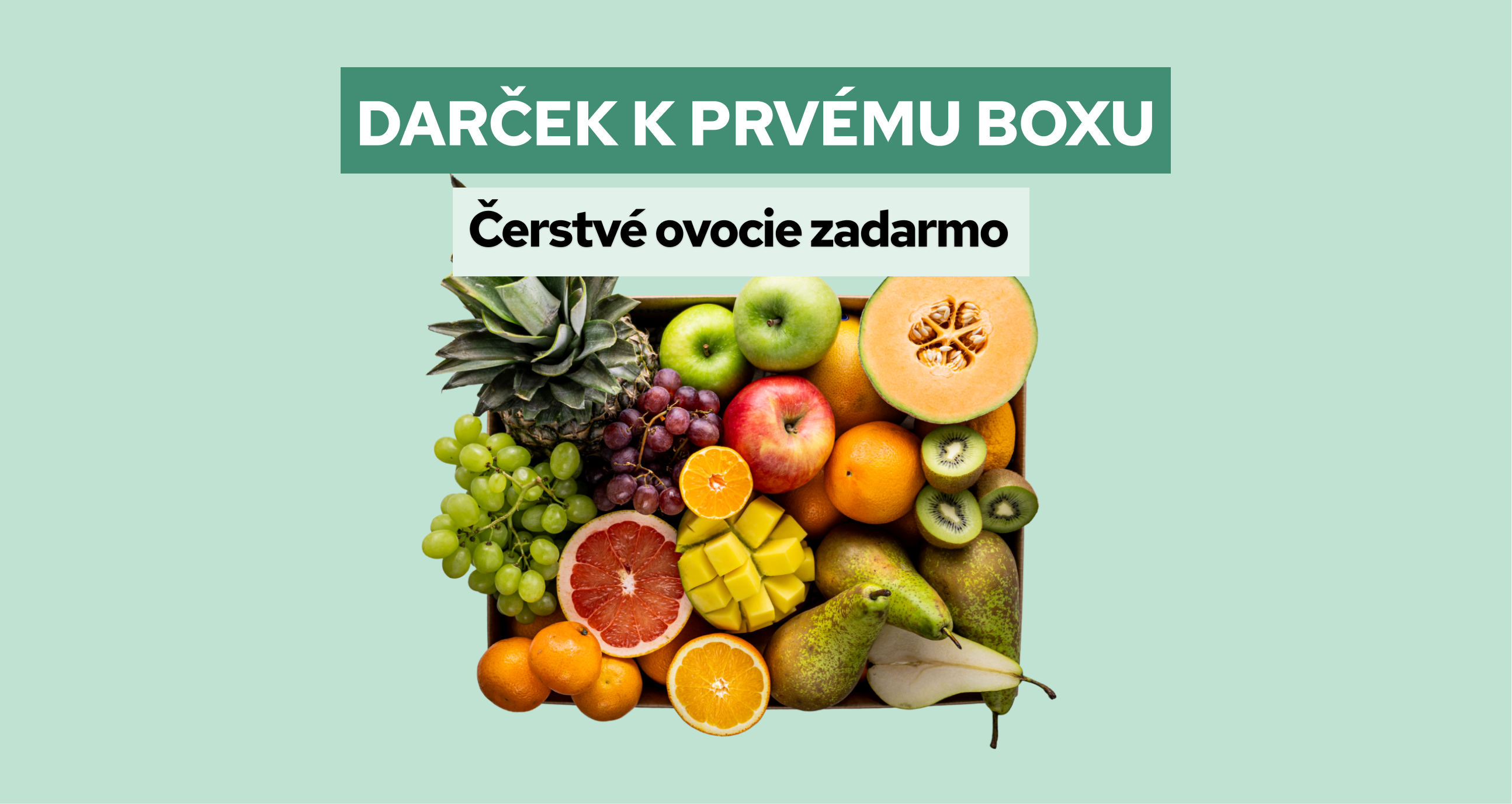 Wooden crate overflowing with various fresh fruits under the text "GIFT FOR THE FIRST BOX" and "Fresh fruit for free."