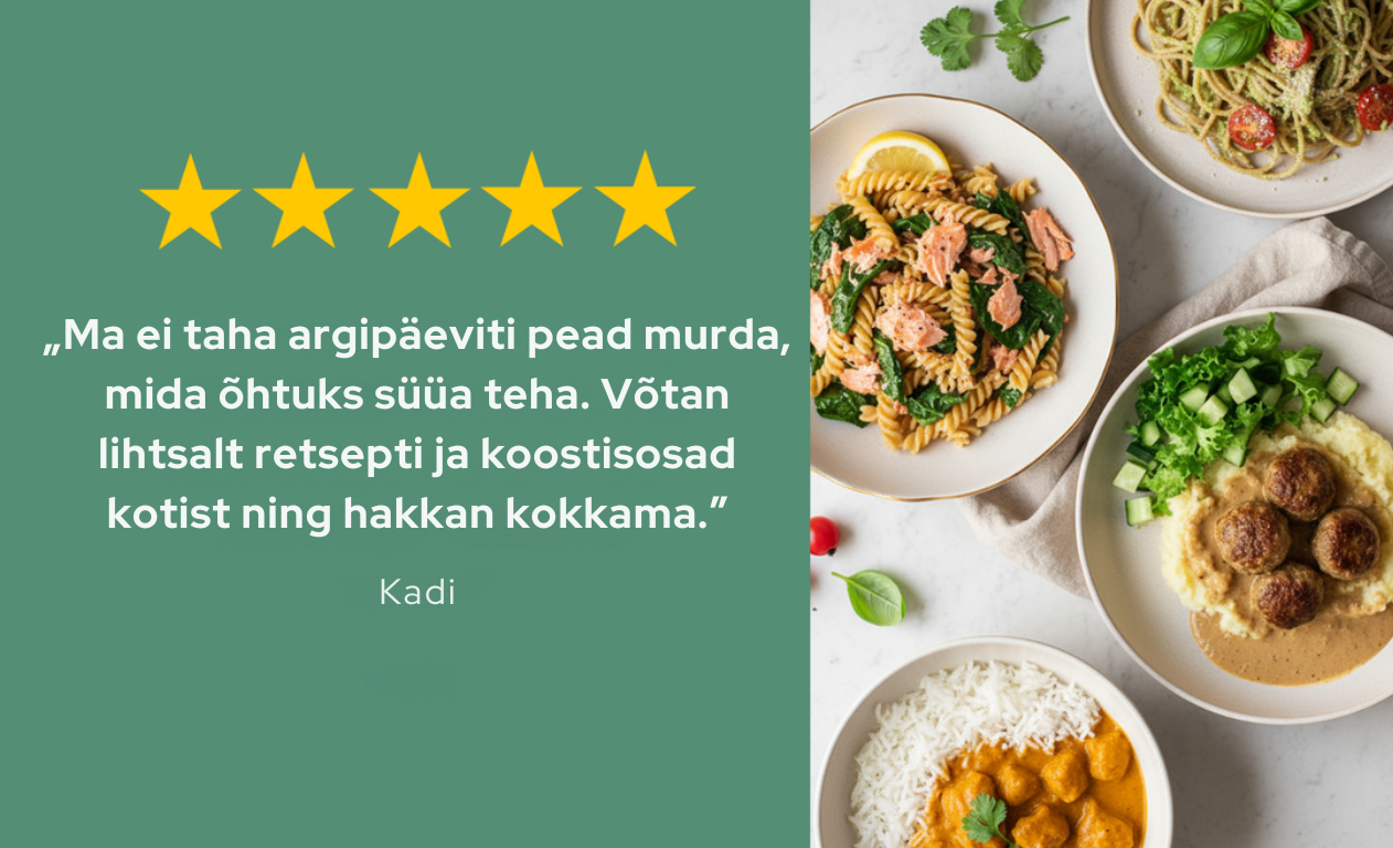 A 5-star customer review in Estonian about easy cooking, next to an overhead shot of four diverse dishes: pasta with salmon and spinach, pesto pasta, meatballs with mashed potatoes, and curry with rice.