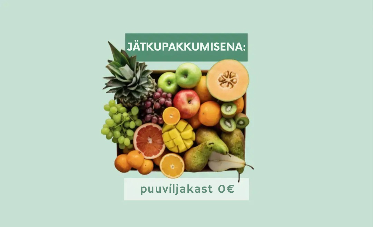 A box overflowing with various fresh fruits, with text 'JÄTKUPAKKUMISENA: puuviljakast 0€'.