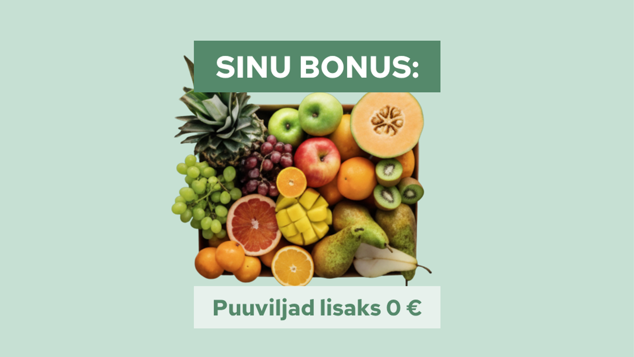 Puuviljakast: ananass, pirnid, melon, mango, kiivi.