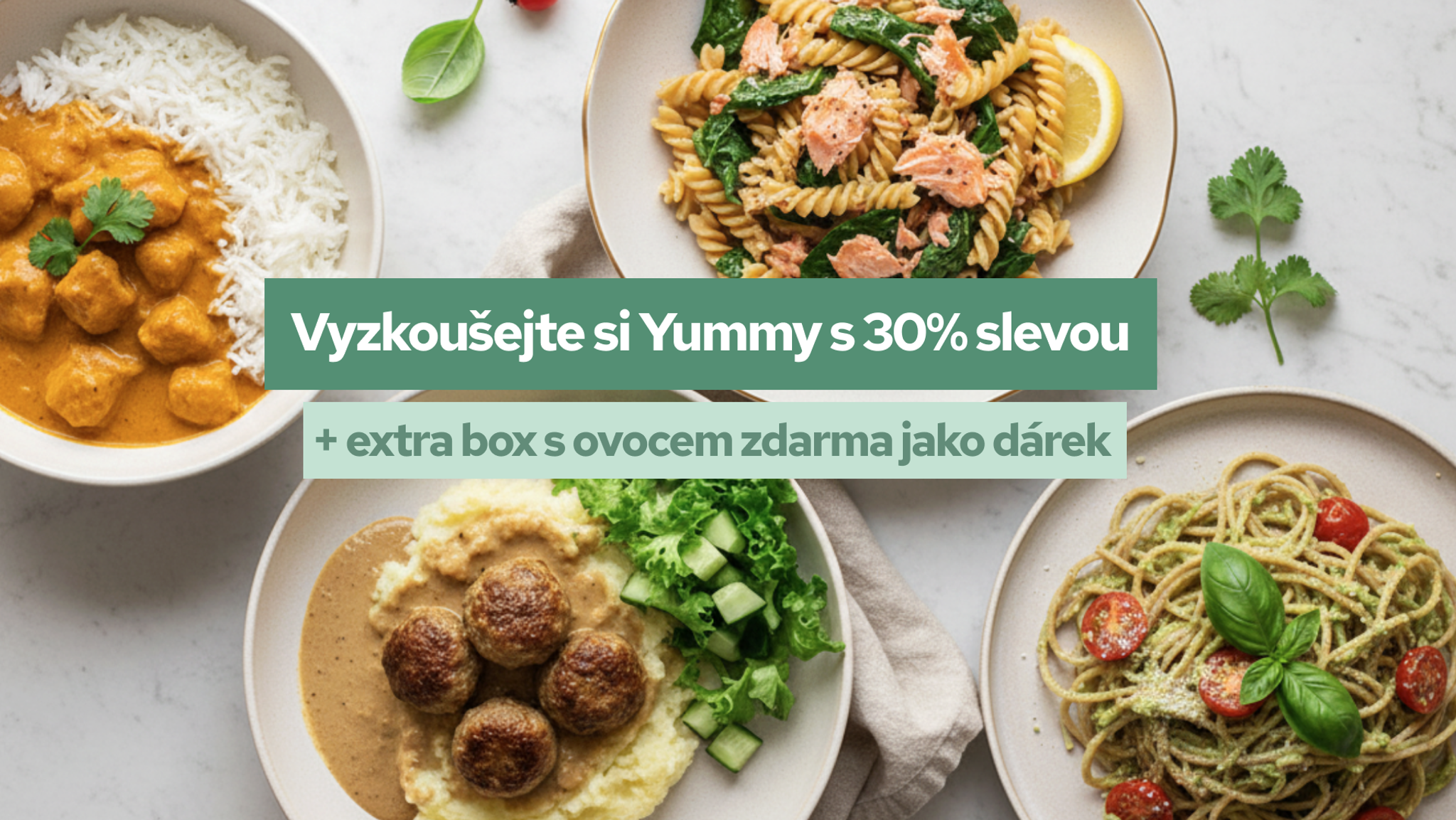 Four different meal plates including curry, salmon pasta, meatballs with mashed potatoes, and pesto pasta, surrounding a banner offering "Try Yummy with a 30% discount + an extra fruit box for free as a gift."