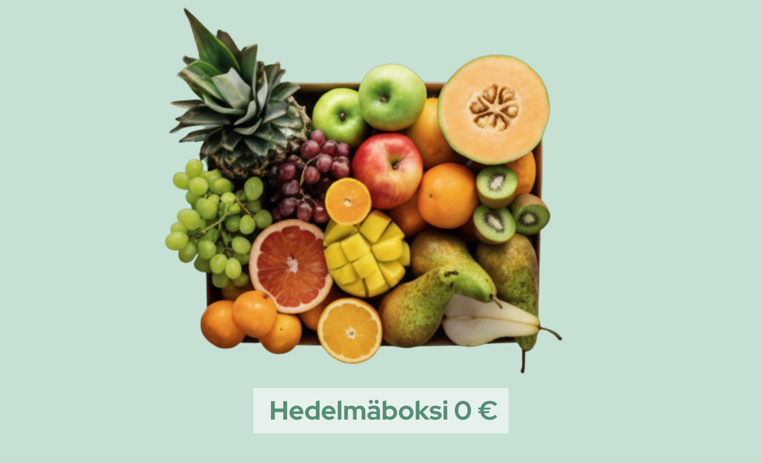 Hedelmäboksi täynnä herkullisia hedelmiä, anananasta, päärynää, melonia, mangona, kiiviä.