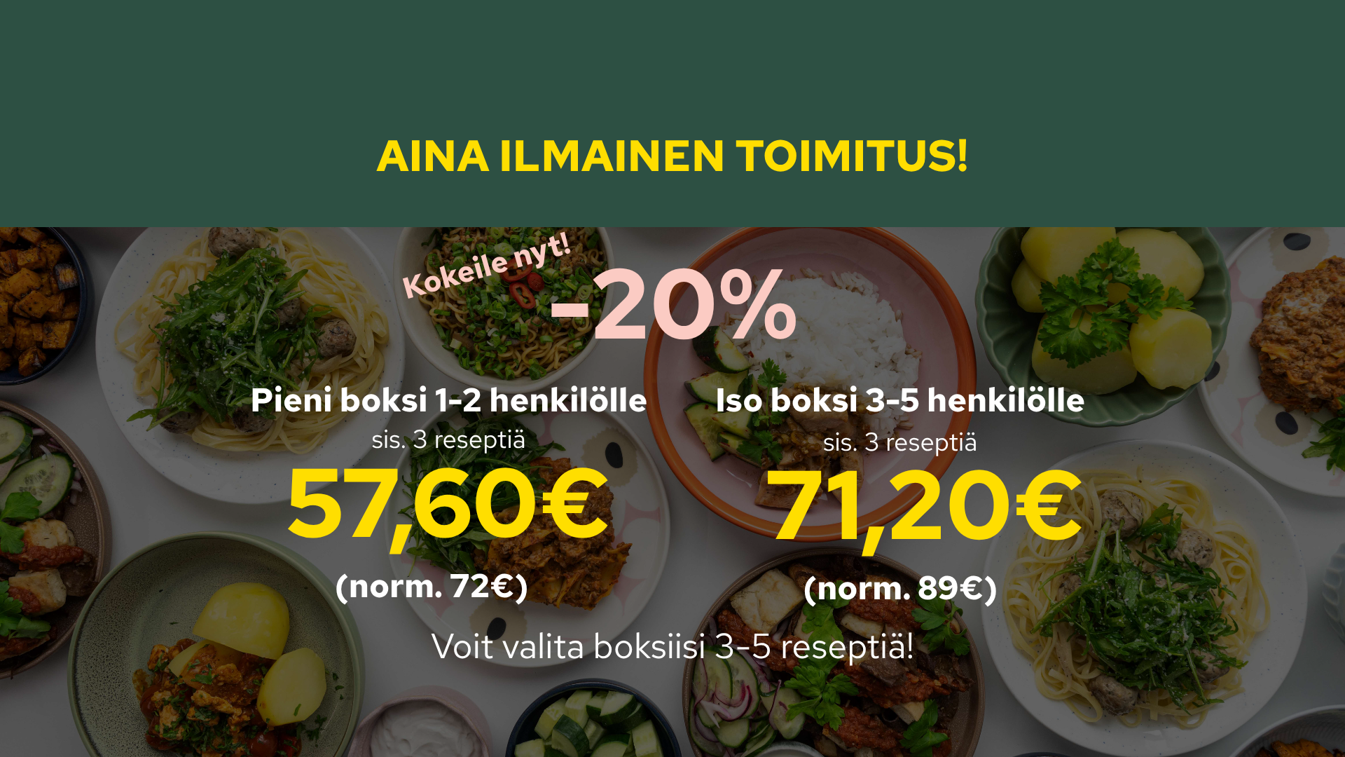 Advertisement for a food delivery service offering 50% off meal boxes. Small box (1-2 people, 3 recipes) for 36€ (was 72€), large box (3-5 people, 3 recipes) for 44.50€ (was 89€). Always free delivery. Offer valid until September 22nd.