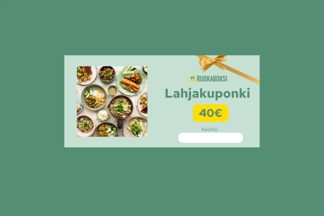 Ruokaboksin 40 euron lahjakuponki vihreällä taustalla. Kortissa kuva valmiista aterioista, Ruokaboksin logo, teksti “Lahjakuponki”, 40 € sekä paikka kuponkikoodille. Yläkulmassa kultainen lahjanauha.