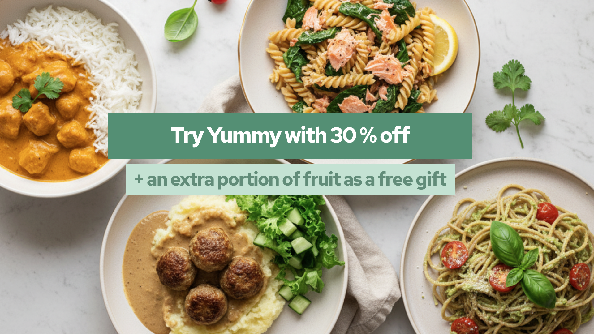 Advertisement for Yummy showing four diverse meals and offering '30% off + an extra portion of fruit as a free gift'.