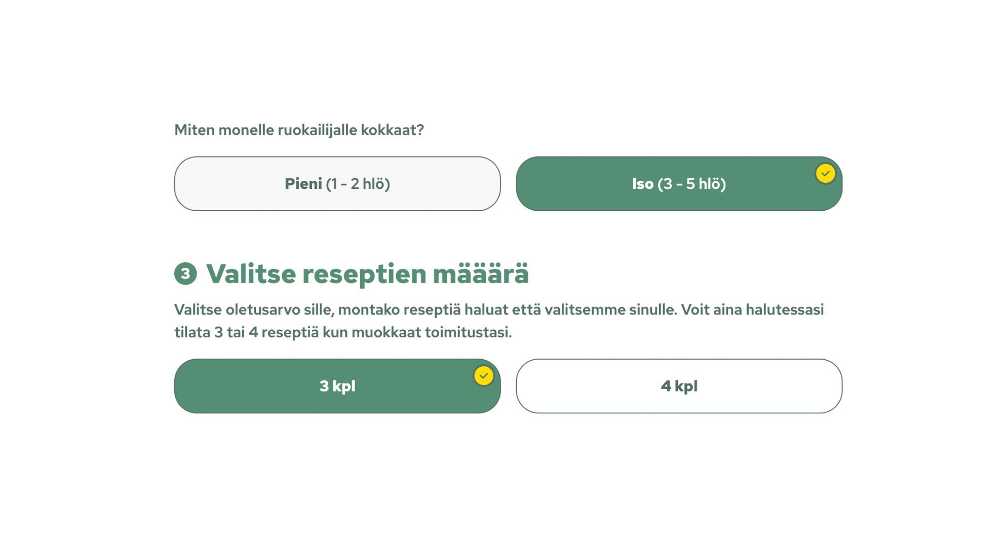 Miten monelle ruokalijalle kokkaat? Valitse reseptien määrä
