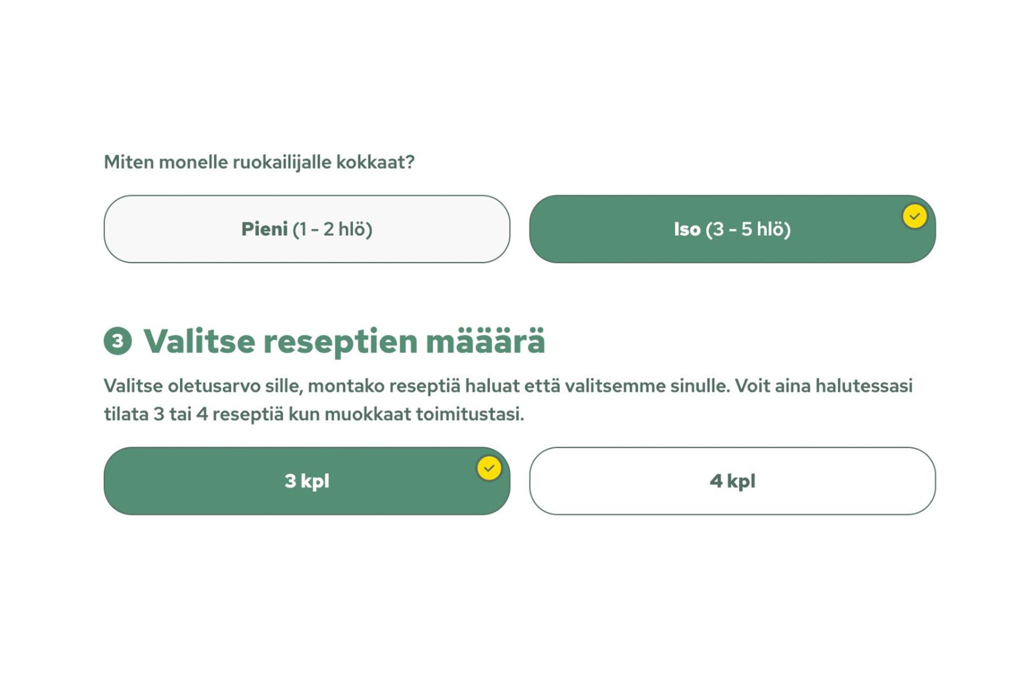 Miten monelle ruokalijalle kokkaat? Valitse reseptien määrä