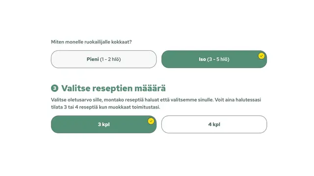Miten monelle ruokalijalle kokkaat? Valitse reseptien määrä