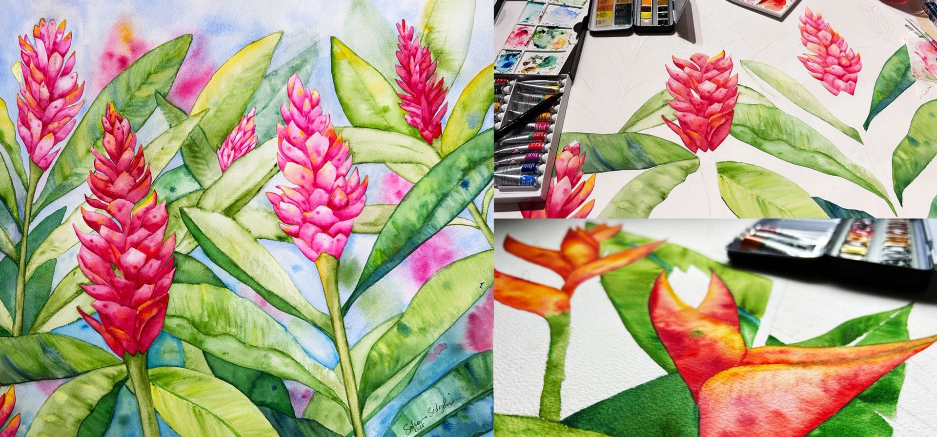 Watercolor ginger and heliconia paintings from the Kealoha Living studio