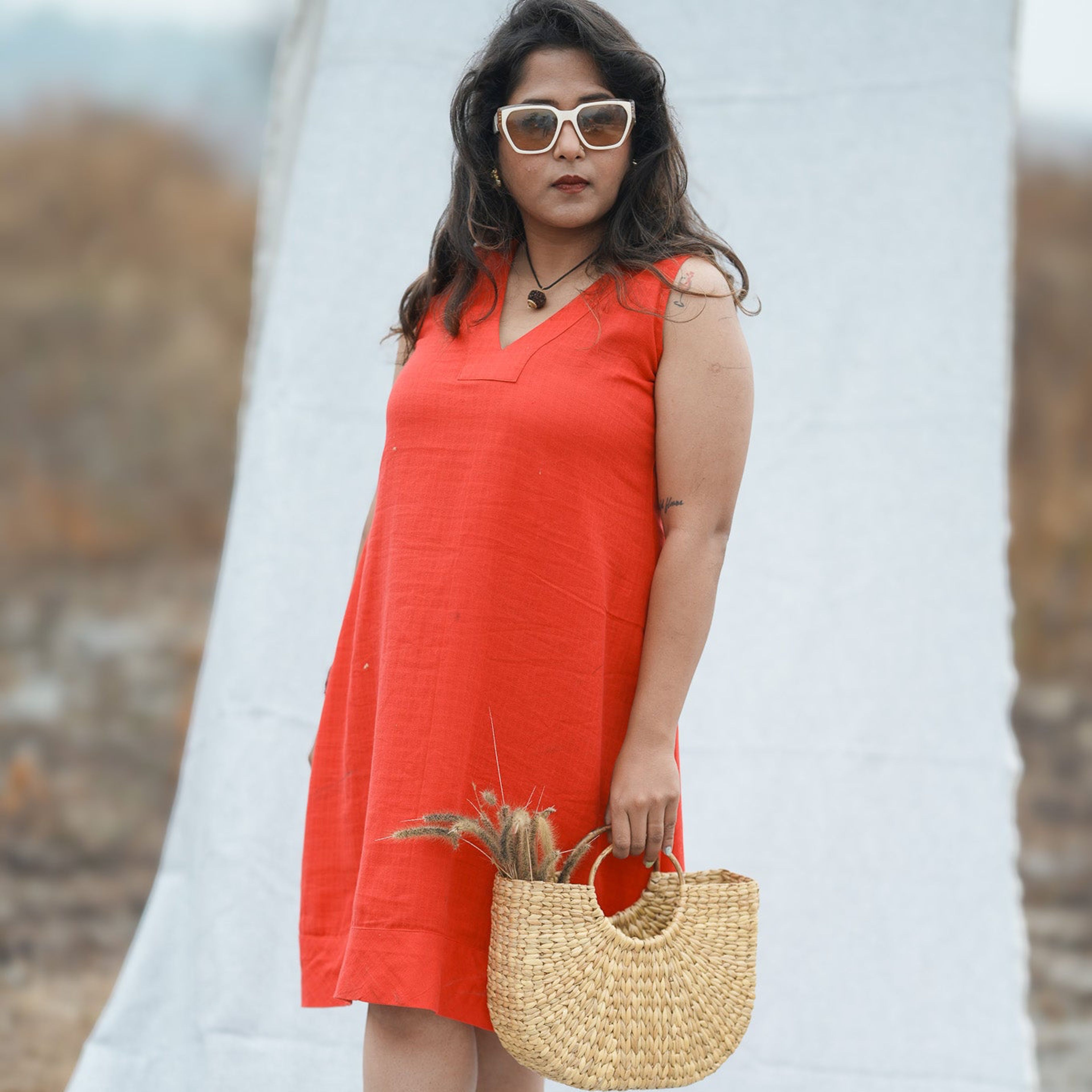 A line Red Cotton dress