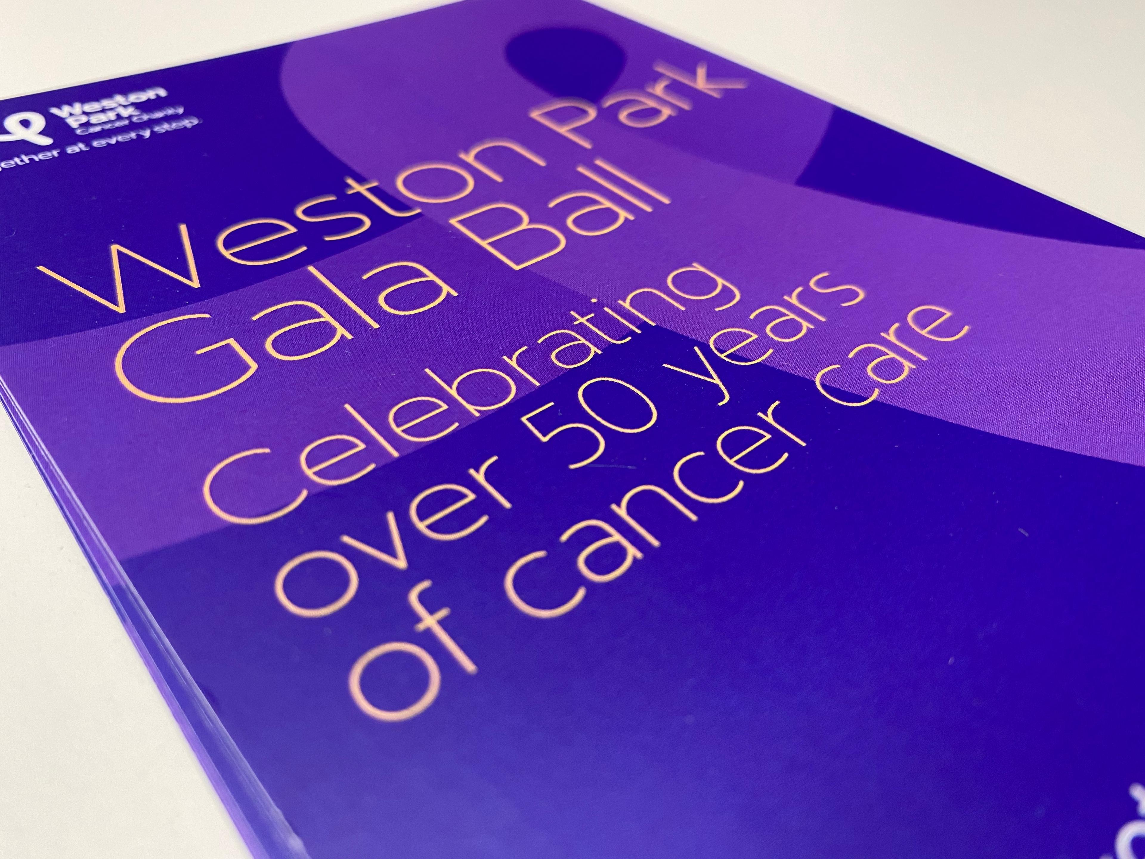 A purple flyer which features gold writing and Weston Park Cancer Charity's logo. The flyer advertises the Weston Park Gala Ball, which celebrated 50 years of Weston Park Cancer Centre.