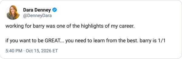 “working for barry was one of the highlights of my career.

if you want to be GREAT... you need to learn from the best. barry is 1/1 https://t.co/qlyTwiabq0” — Dara Denney