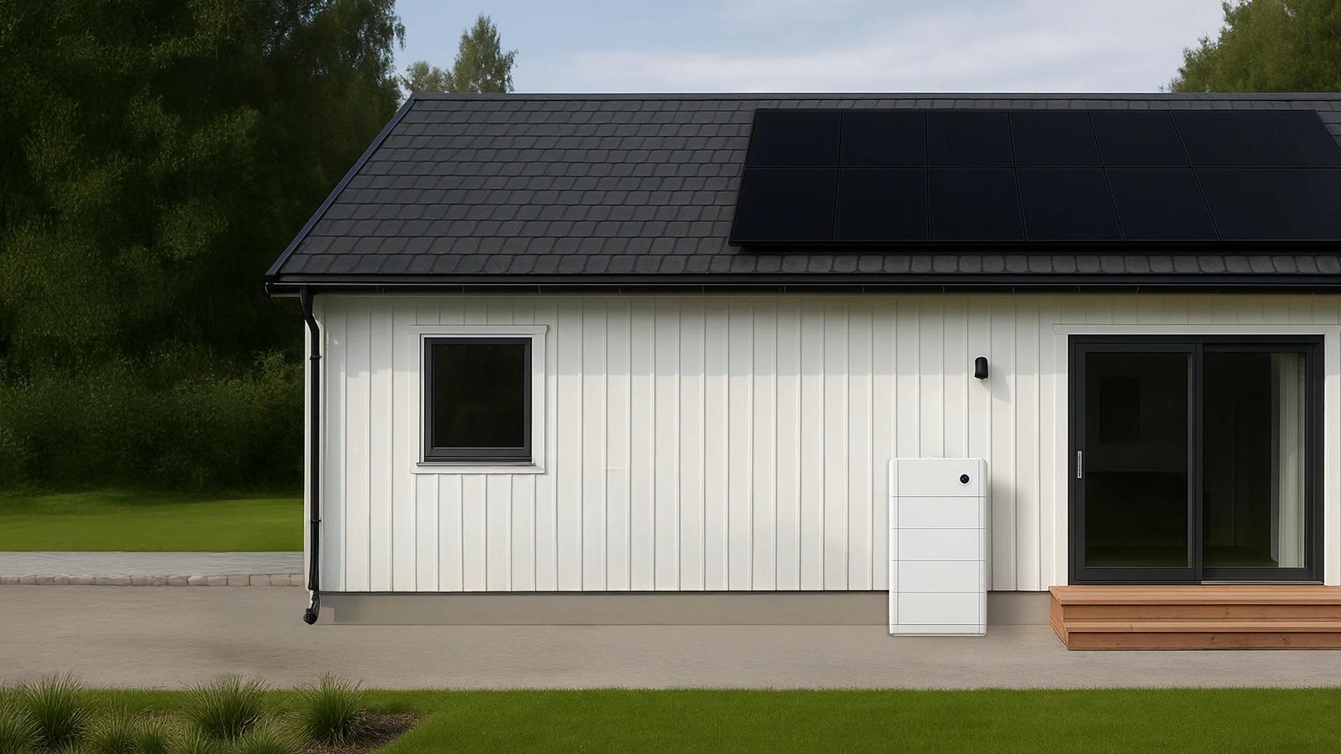 Et modulært batteri, montert på ytterveggen av et hvitt hus med solcellenpaneler på taket