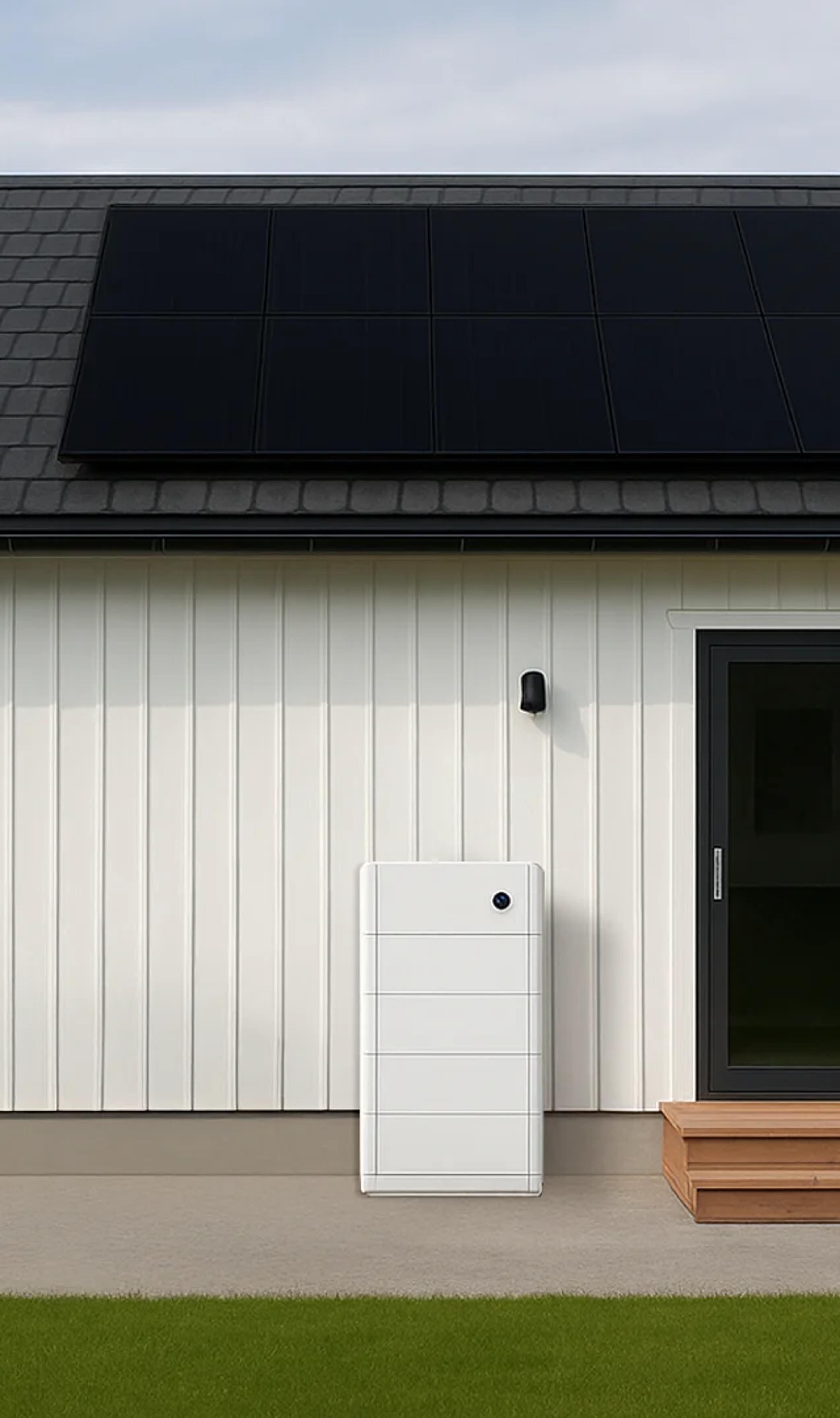 Et modulært batteri montert på ytterveggen av et hvitt hus med solcellepaneler på taket