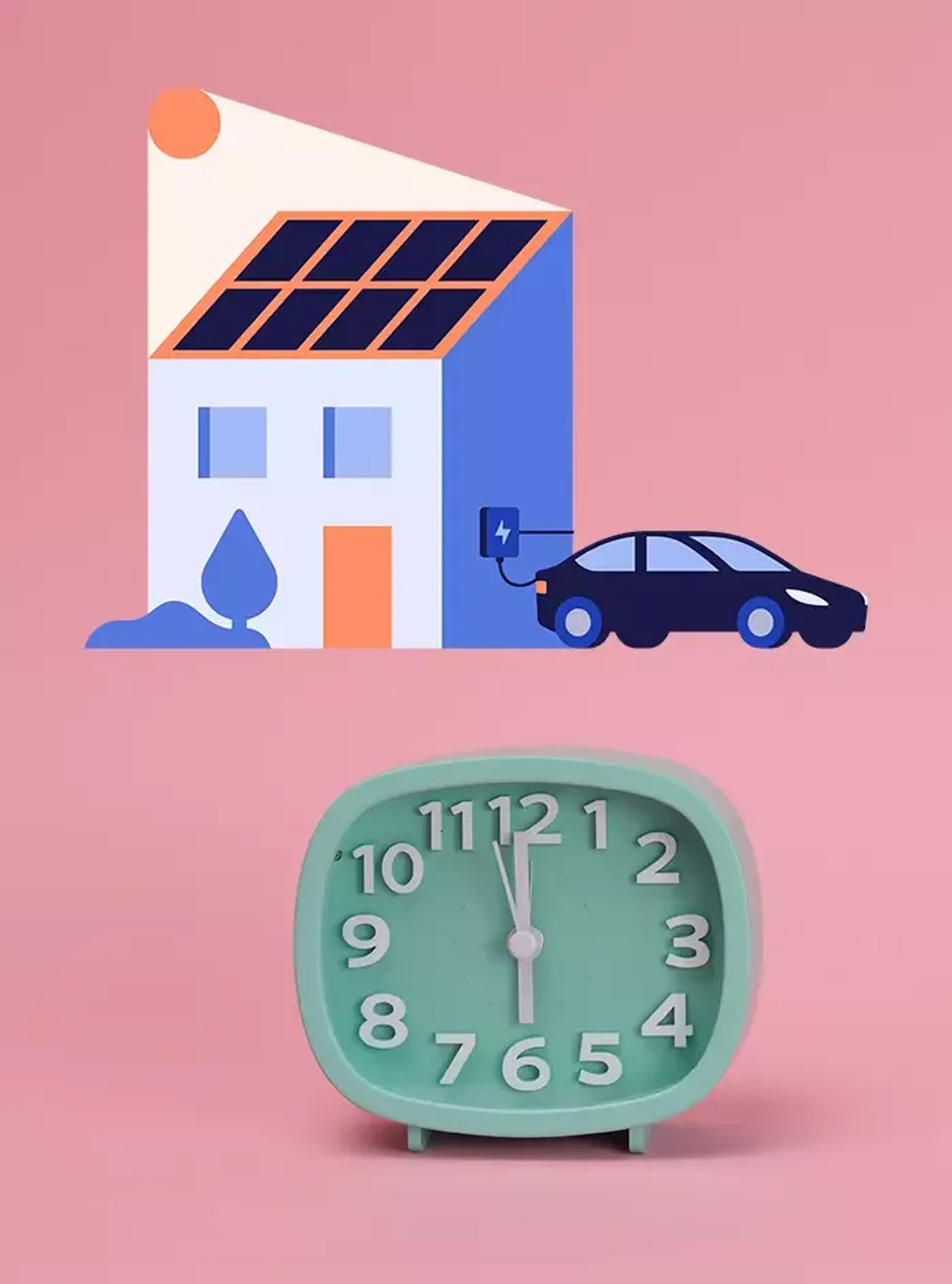 Tegneseriebilde av et hus med solcellepaneler og en bil og en klokke