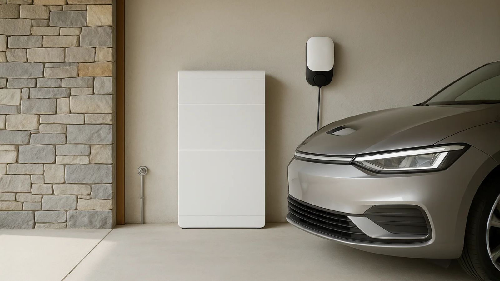 Een auto staat geparkeerd naast een accu en een oplader voor elektrische voertuigen