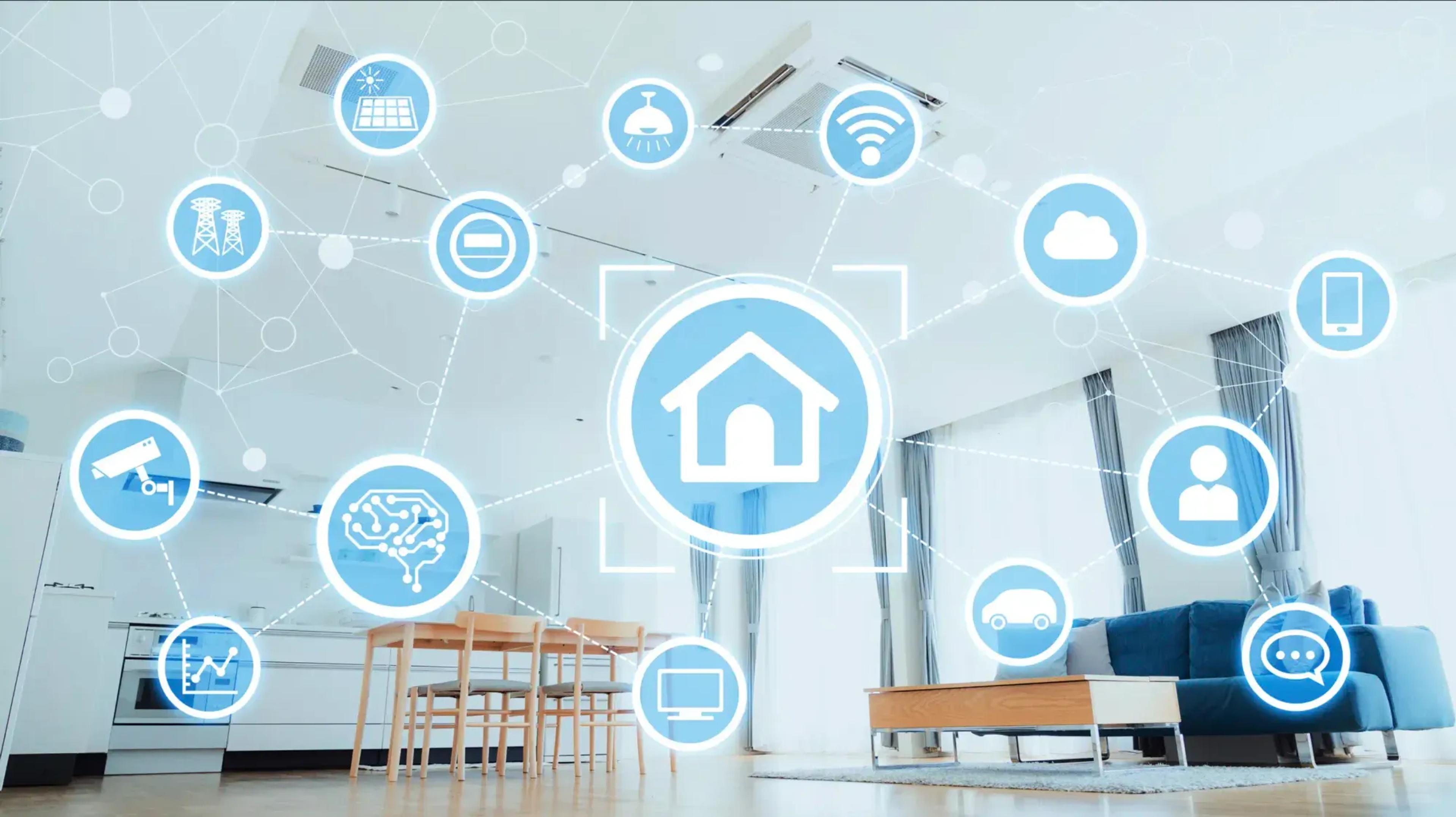 A smart home with icons of electronic devices and concepts