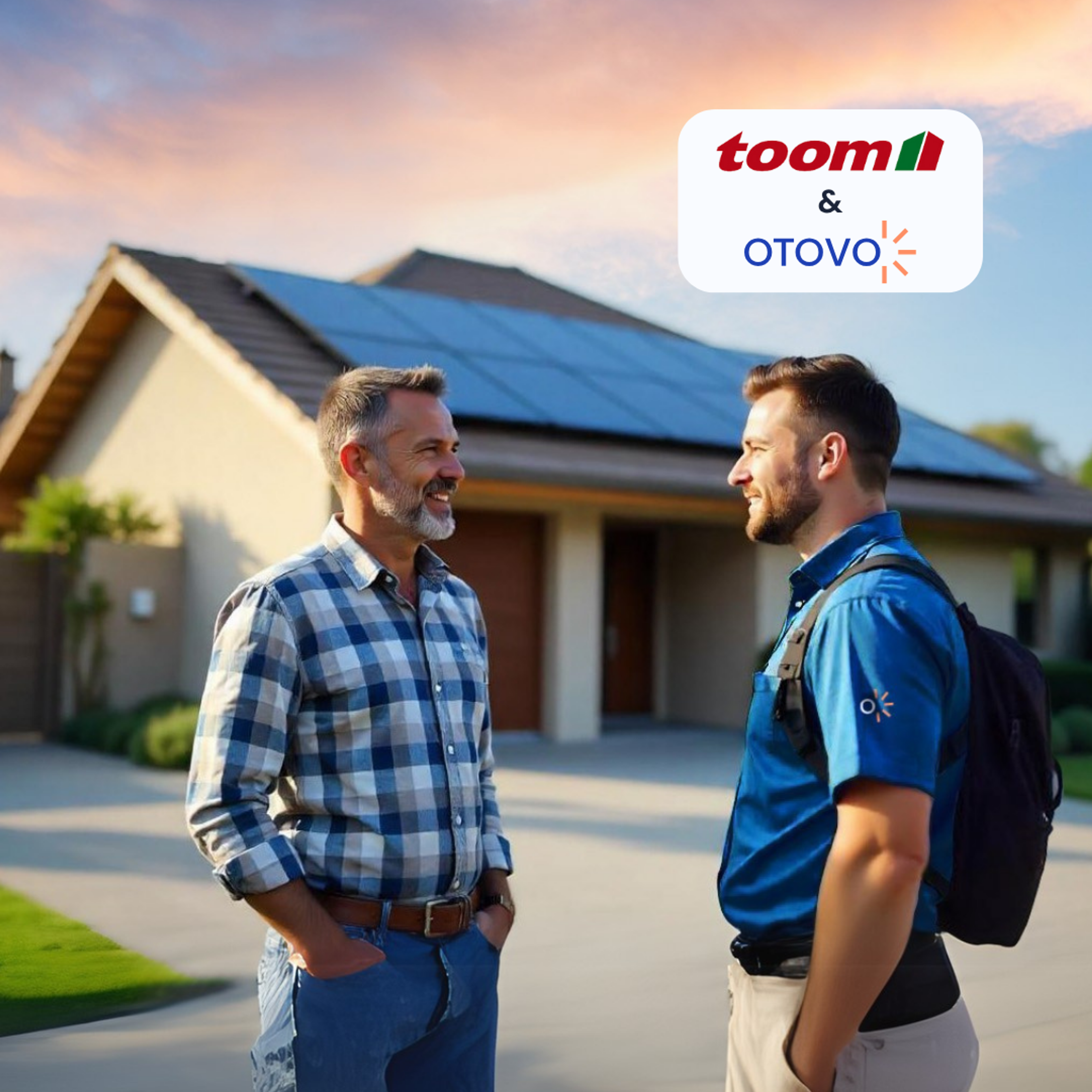 Otovo Solaranlage mit Menschen im Vordergrund toom und otovo logo und toom rabatt 1000€