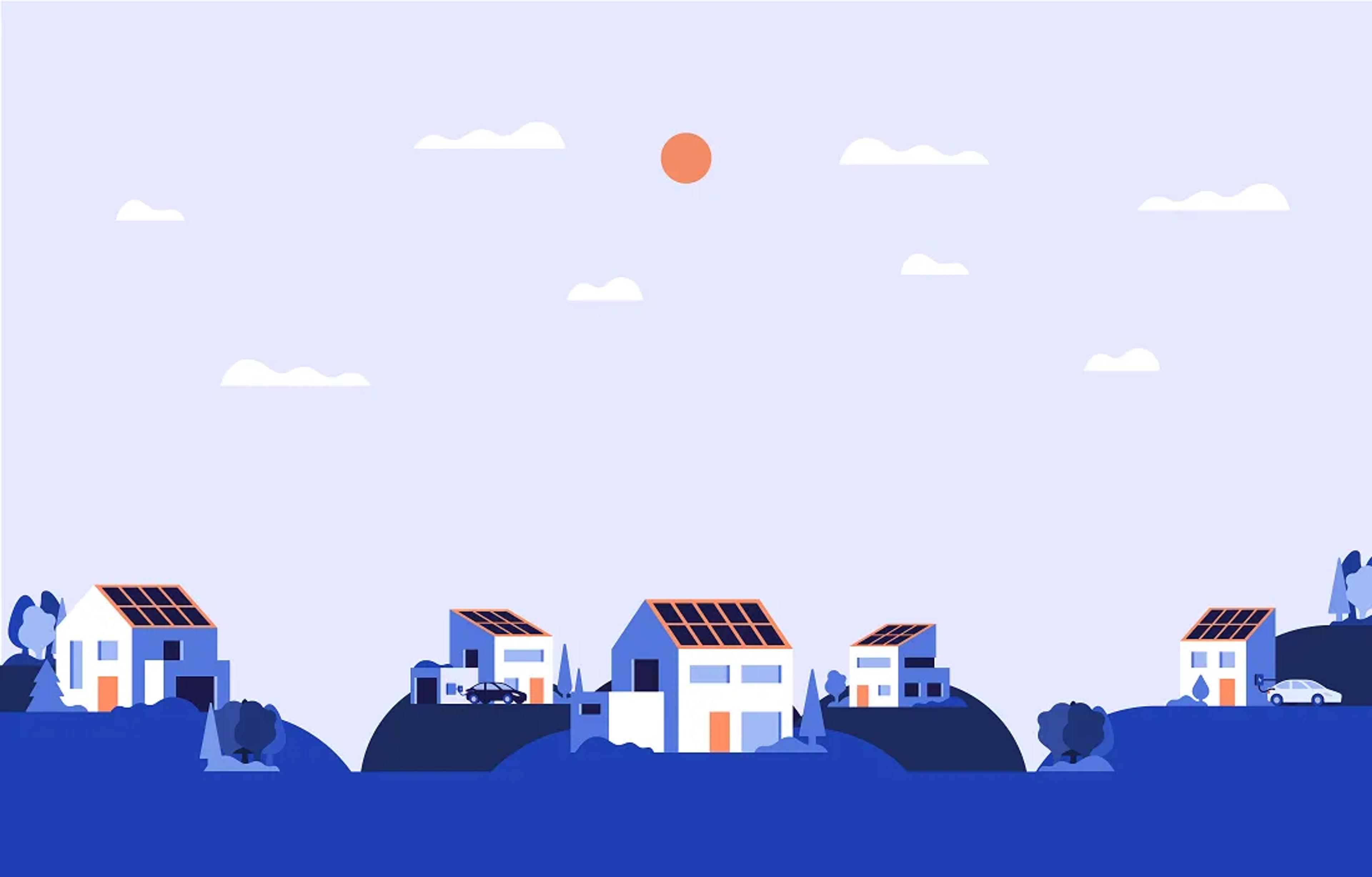 illustration över hus som producerar egen el med hjälp av solceller på taket