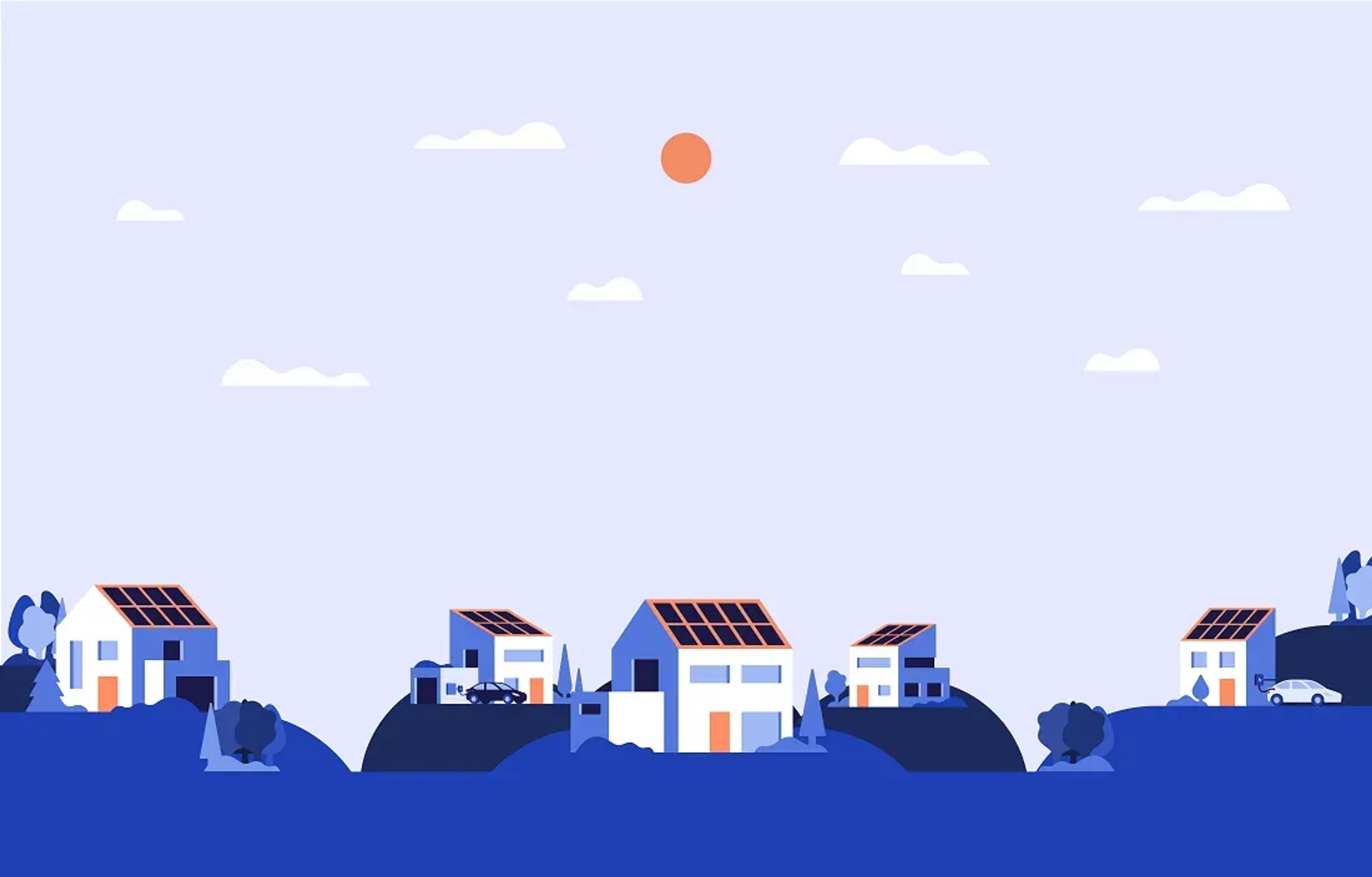 illustrasjon av hus som produserer sin egen strøm ved hjelp av solceller på taket