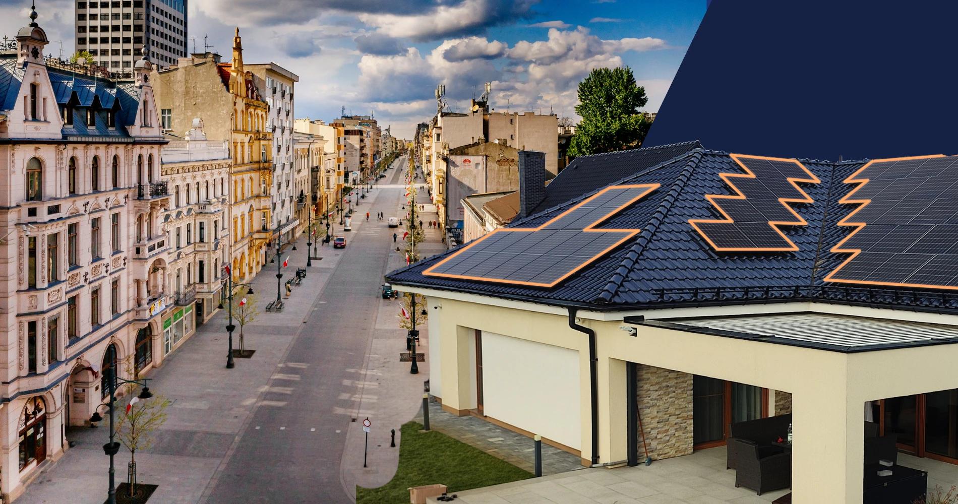 Dom z panelami fotowoltaicznymi od Otovo na tle Łodzi
