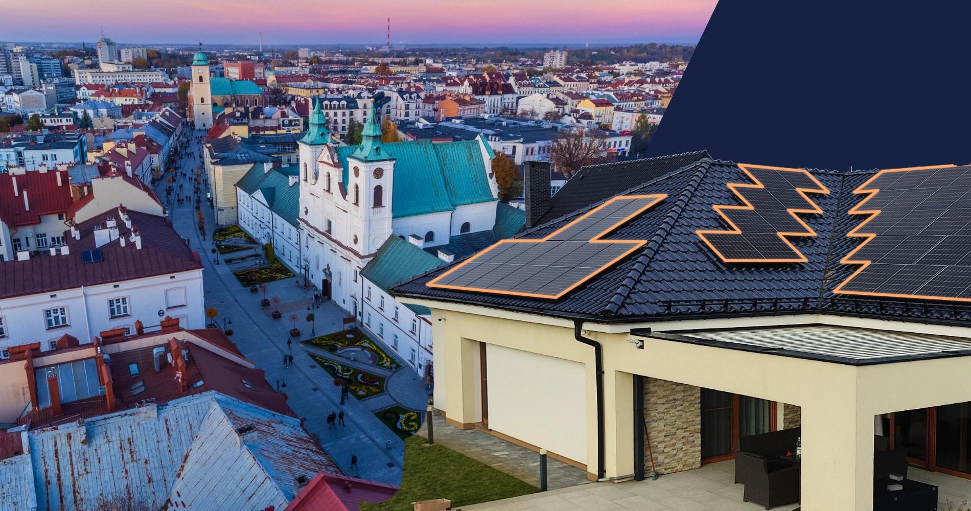 Rzeszów widok na miasto i dom z fotowoltaiką od Otovo na dachu