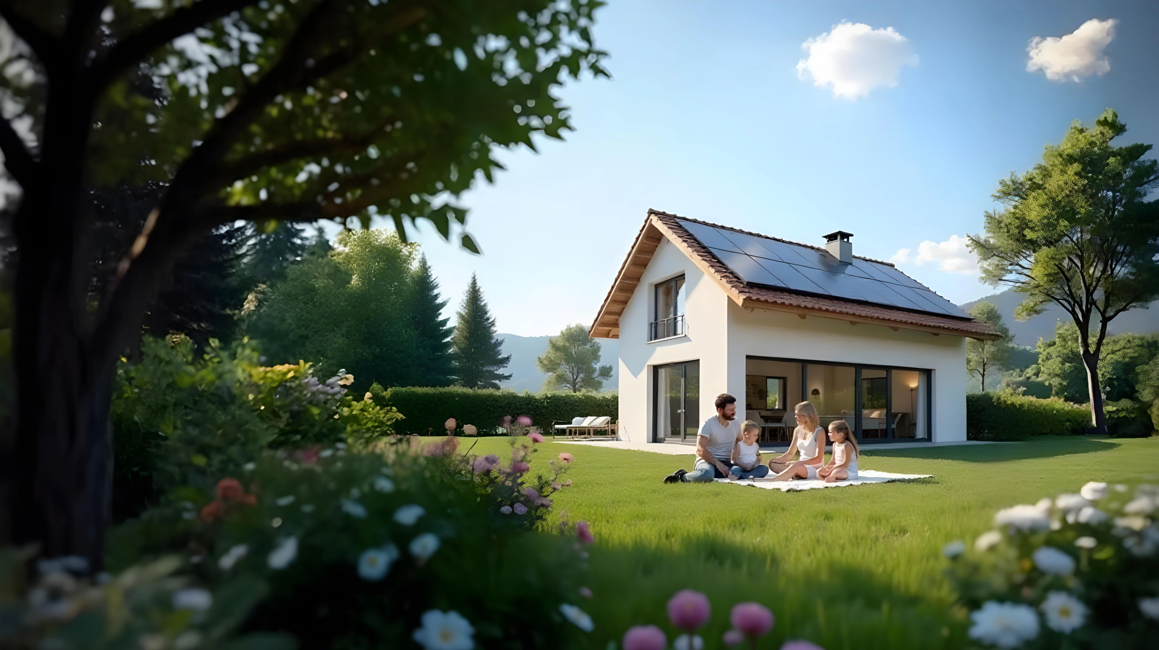 happy family owning a house with solar panels
