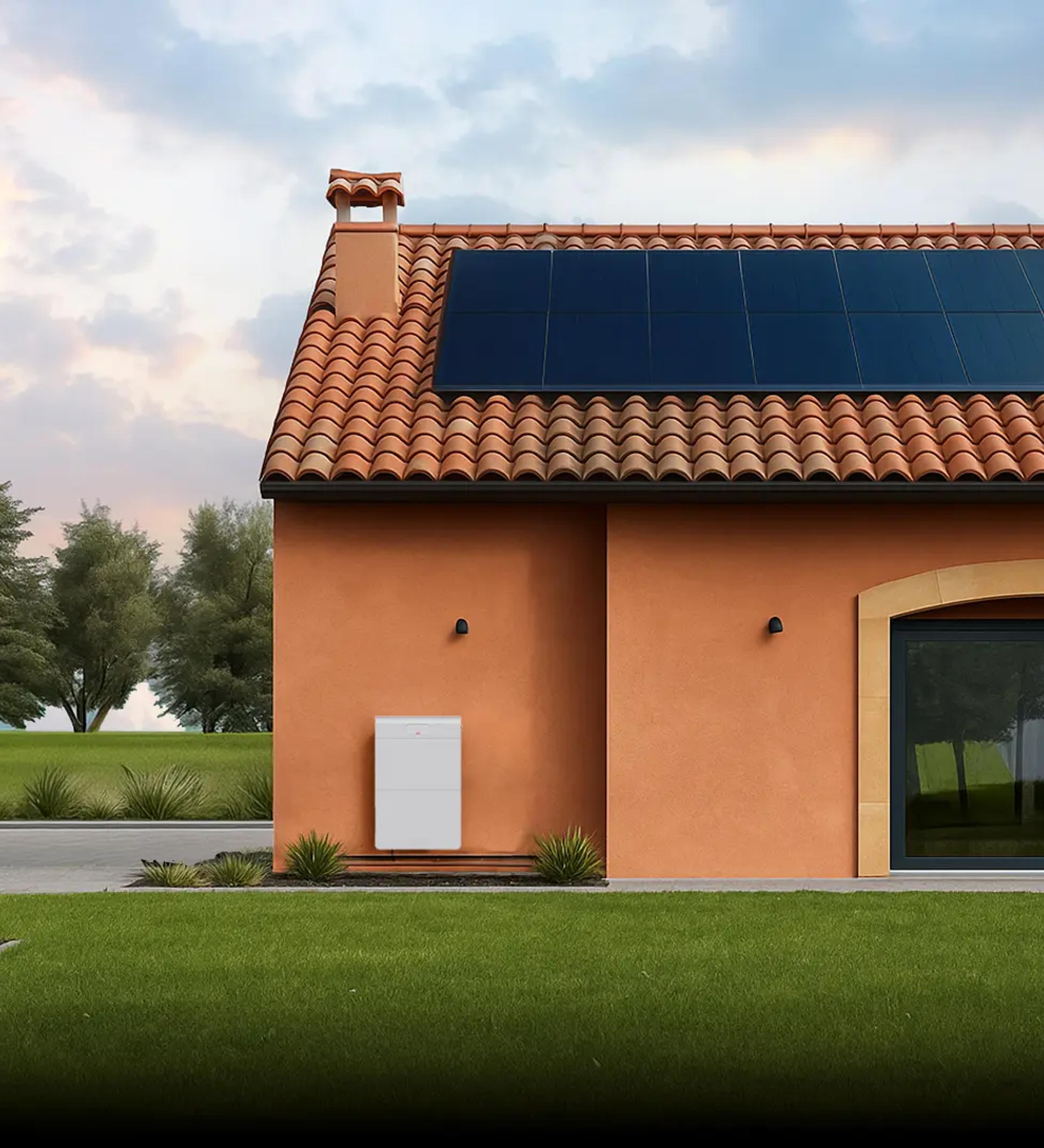 casa com paineis solares e bateria