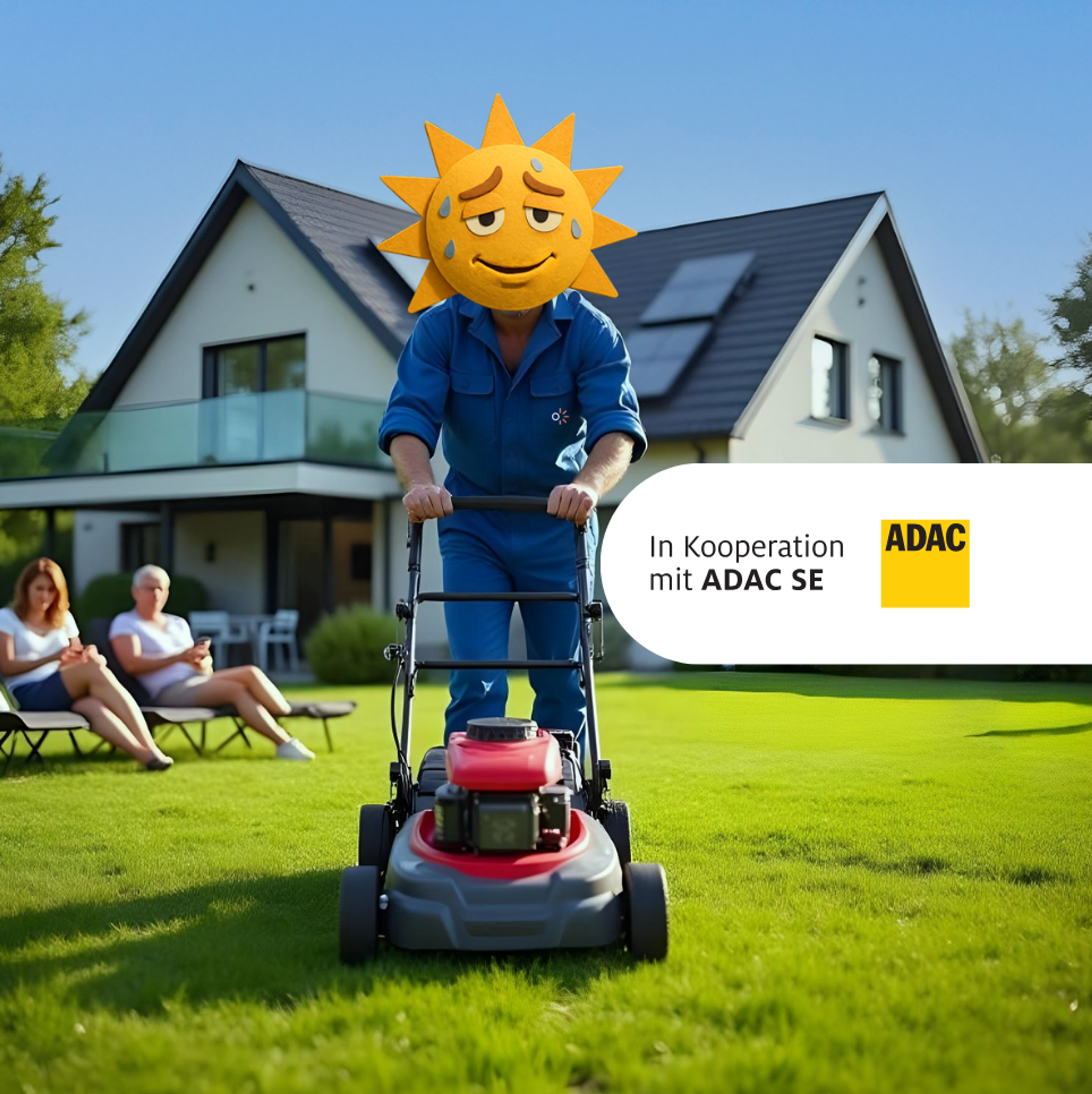 Eine Figur mit Sonne als Kopf mäht den Rasen vor einem Haus mit Solaranlage auf dem Dach.