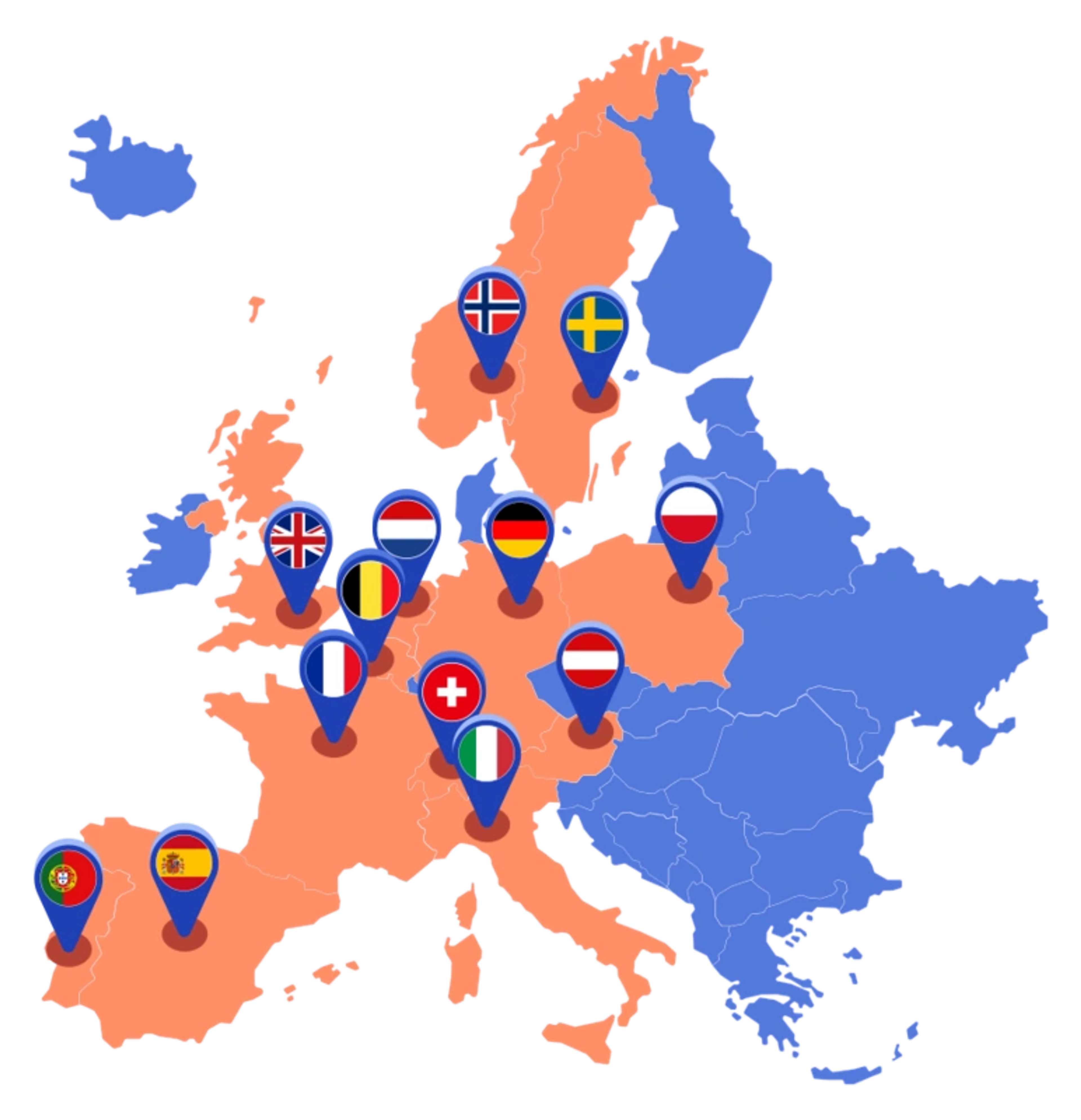 europakarta med kartnålar på de länder där otovo närvarar