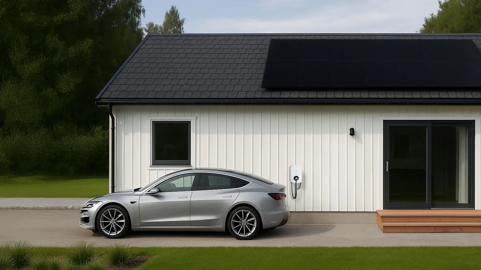 En bil lader utenfor et hvitt hus med solceller på taket