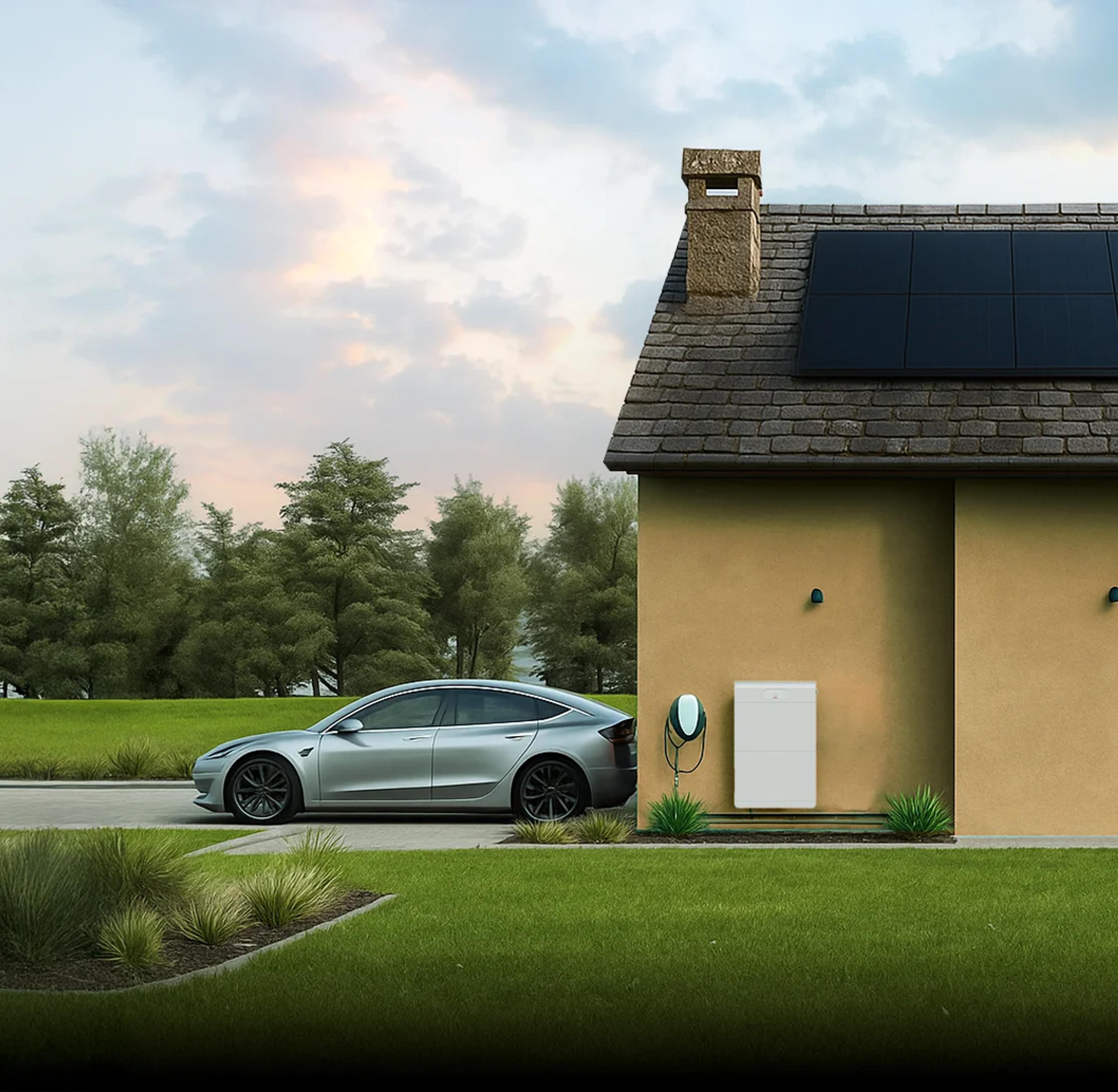 maison avec batterie et borne de recharge voiture électrique