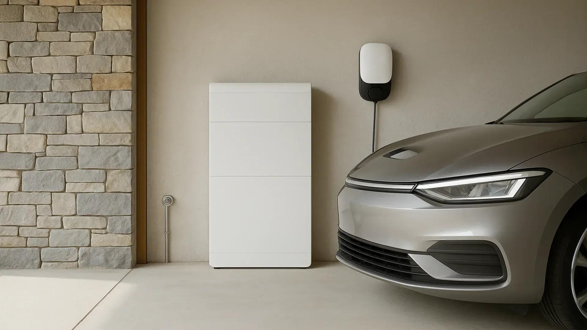 Magazyn energii zamontowany na ścianie garażu obok samochodu elektrycznego