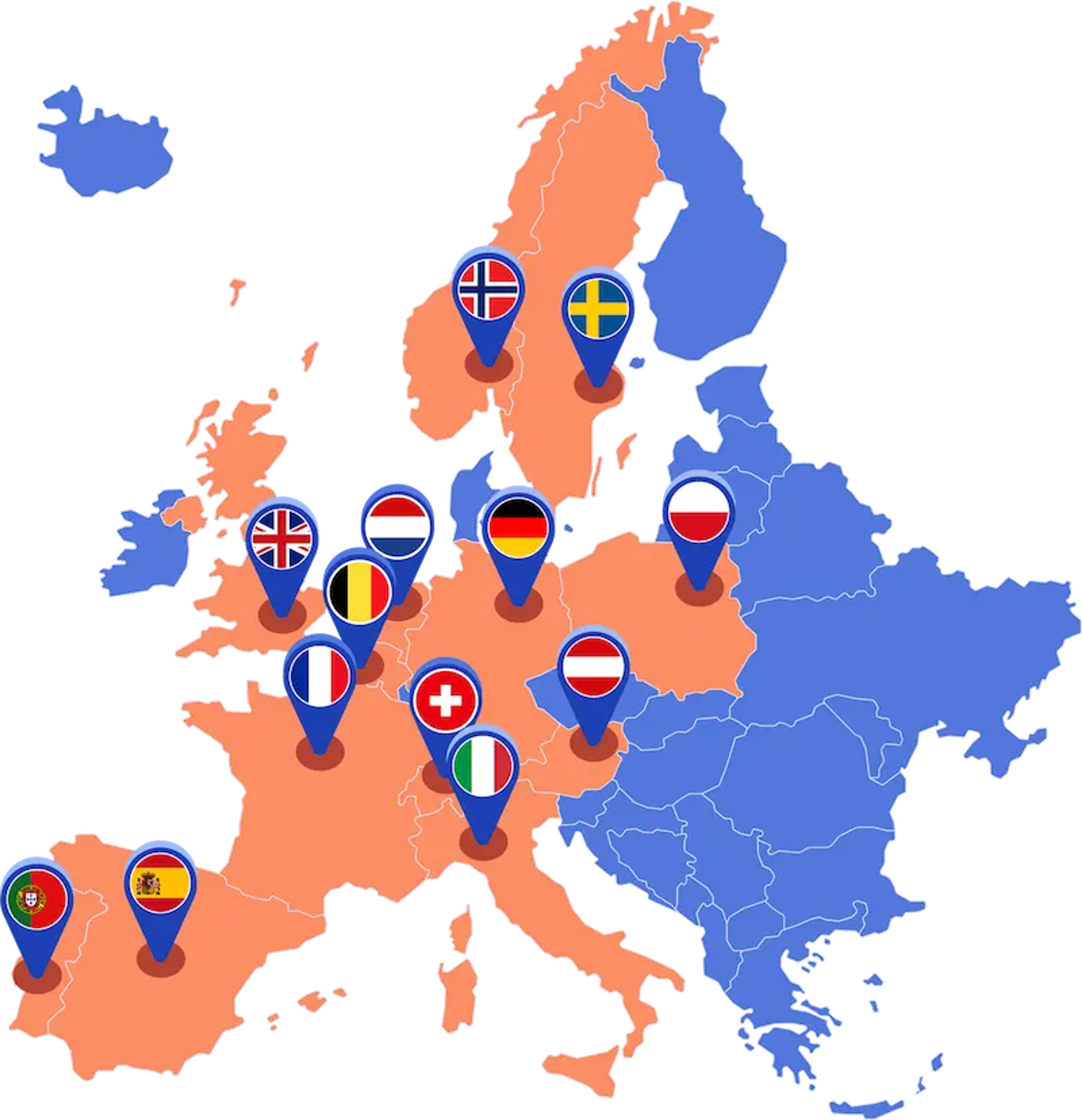 Eine Karte von Europa, auf der die 13 Länder, in denen Otovo aktiv ist, markiert sind.