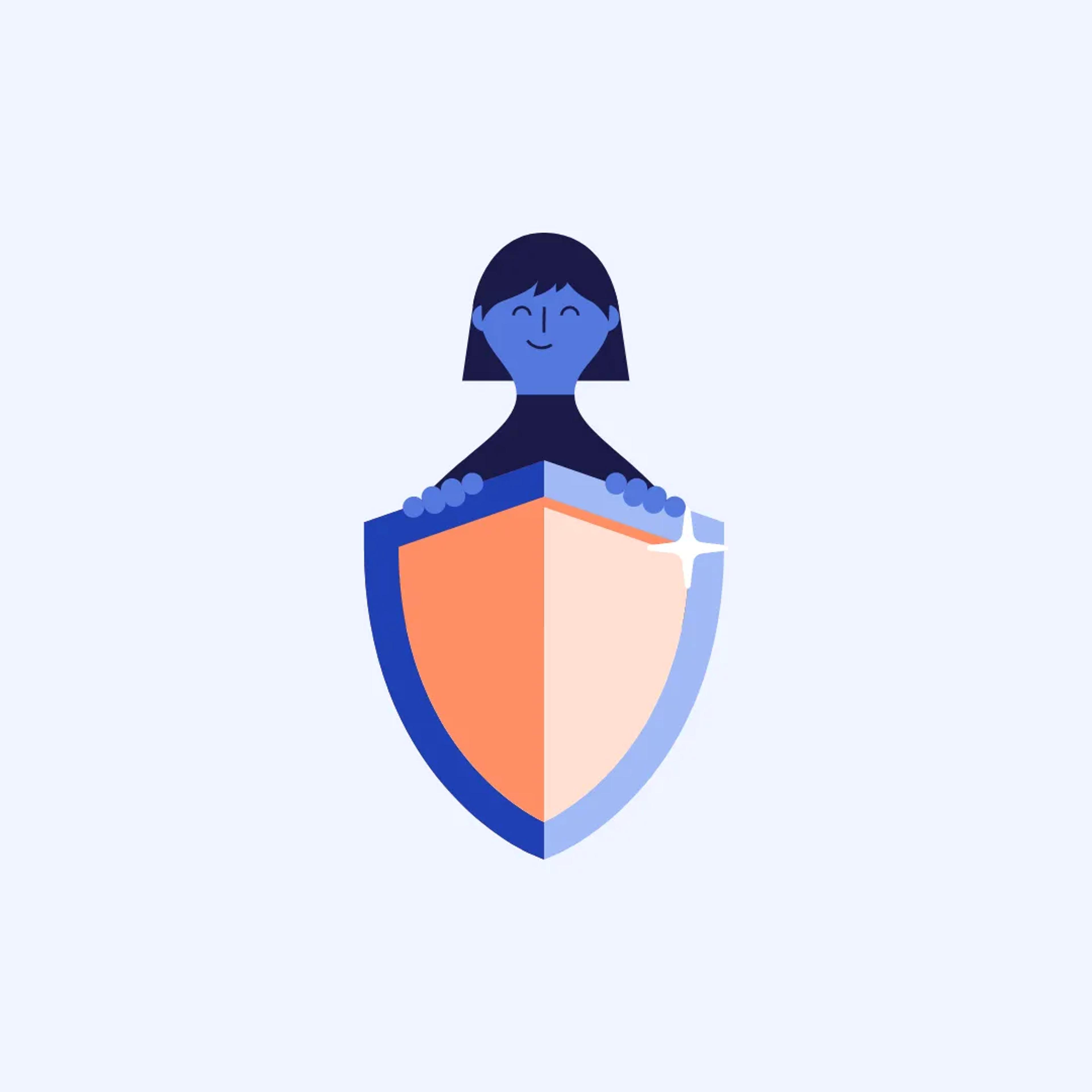 Un personaje femenino detrás de un escudo que simboliza la seguridad