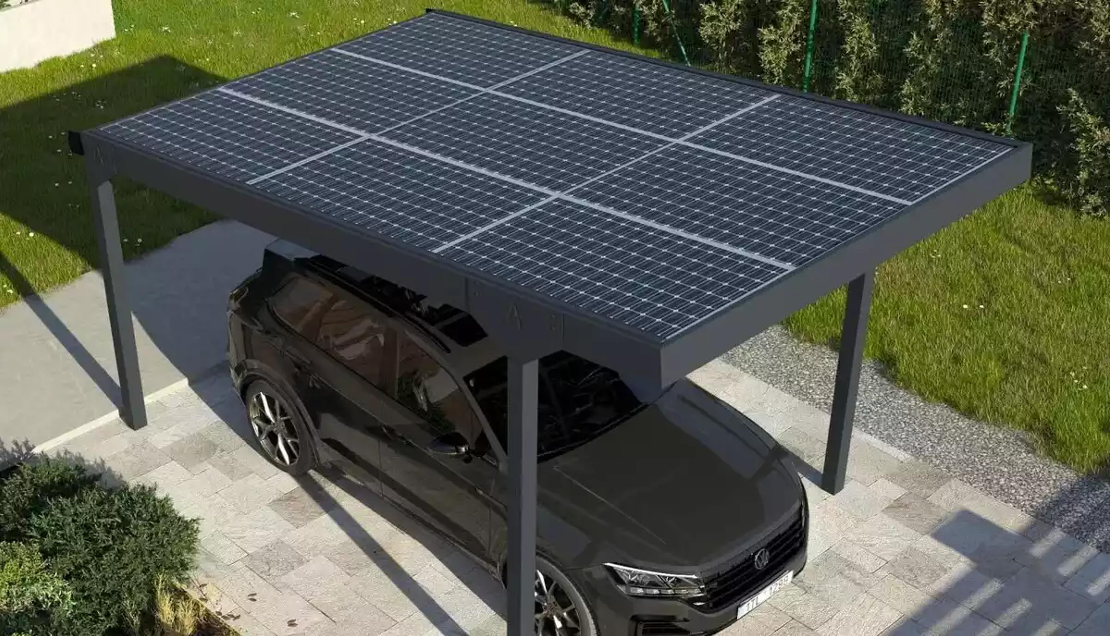 Voorbeeld van een carport met zonnepanelen. gemaakt van aluminium