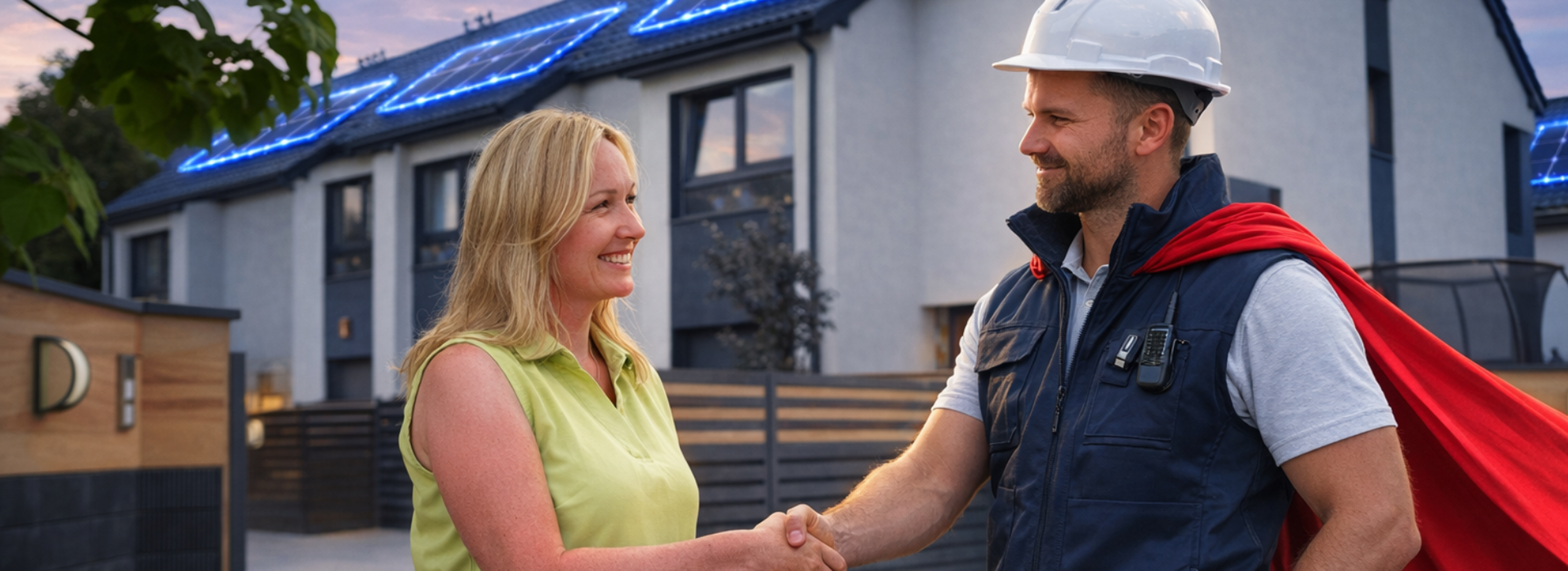 Otovo-monteur met veiligheidshelm schudt hand met huiseigenaar voor een woning met zonnepanelen op het dak