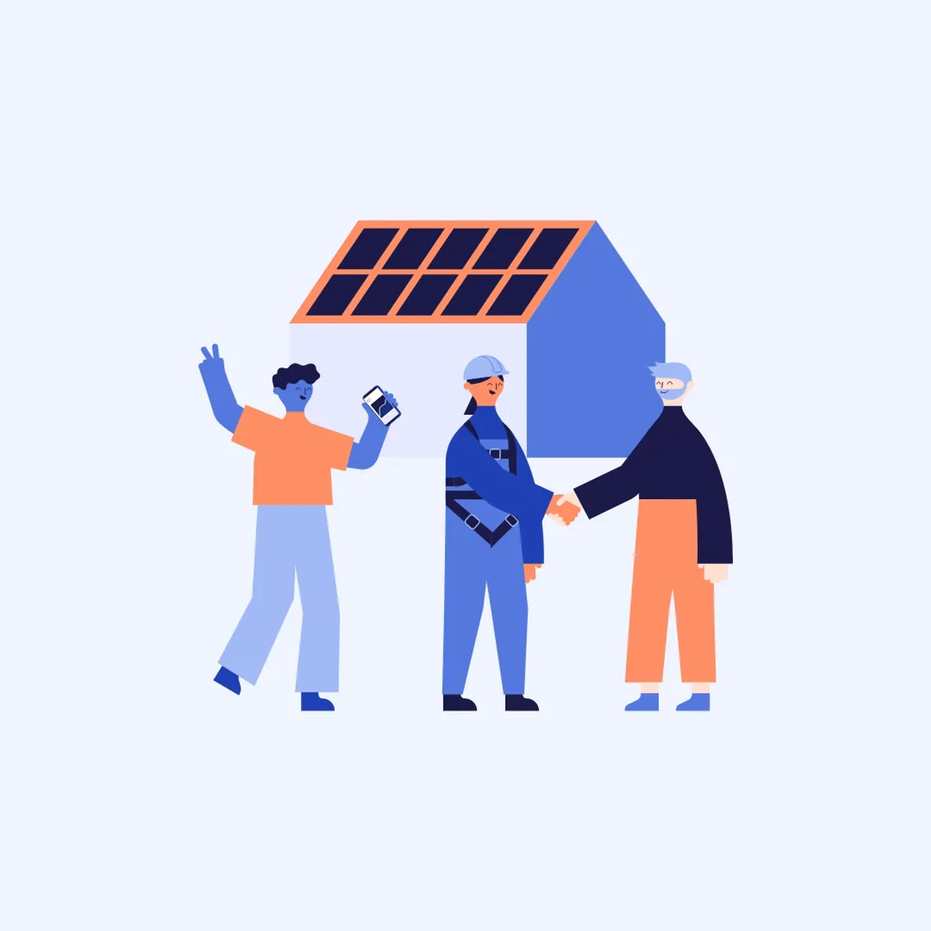 Un grupo de personas estrechando manos delante de una casa con fotovoltaica