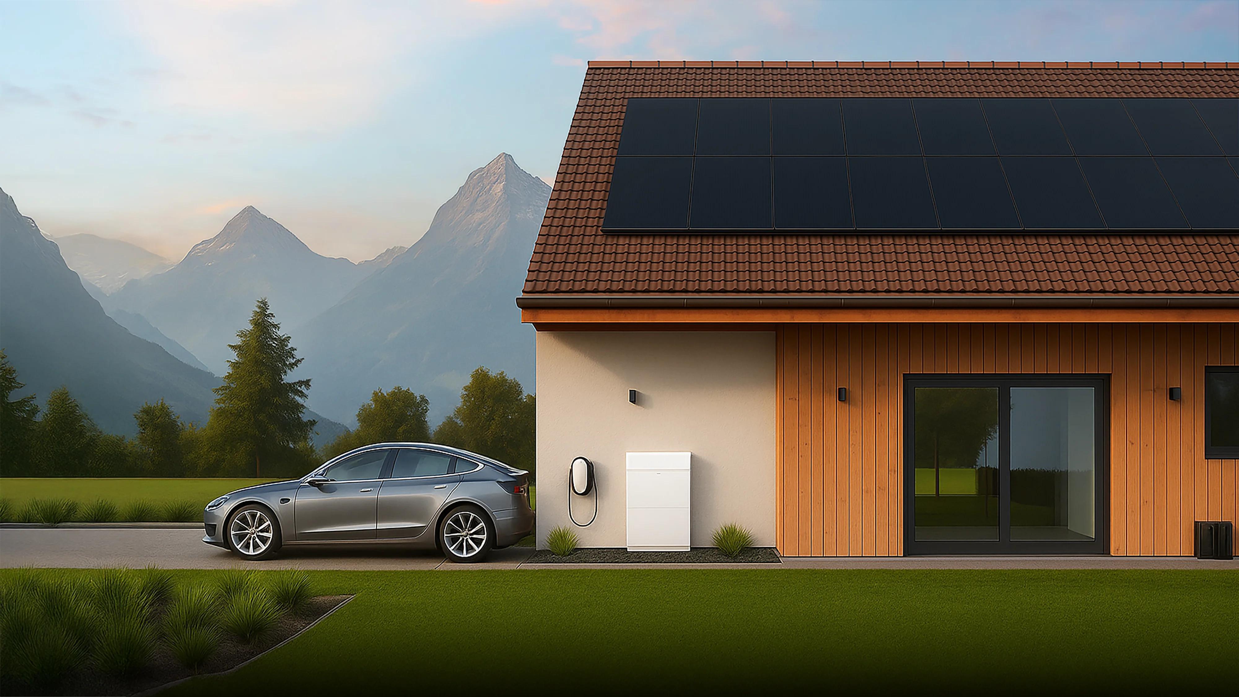 Casa con impianto fotovoltaico, accumulatore e wallbox collegata a un'auto elettrica