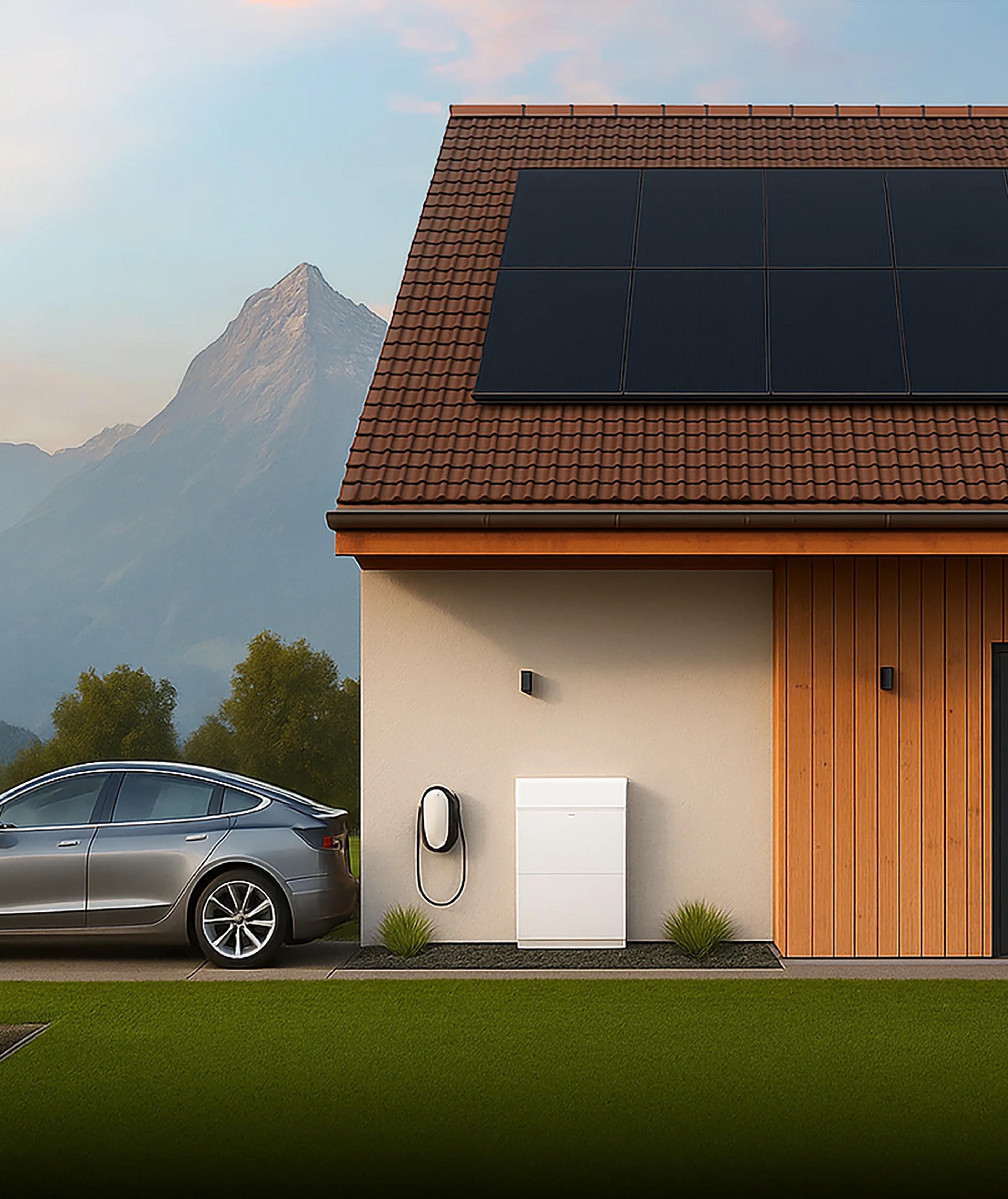 Casa con impianto fotovoltaico, accumulatore e wallbox collegata a un'auto elettrica