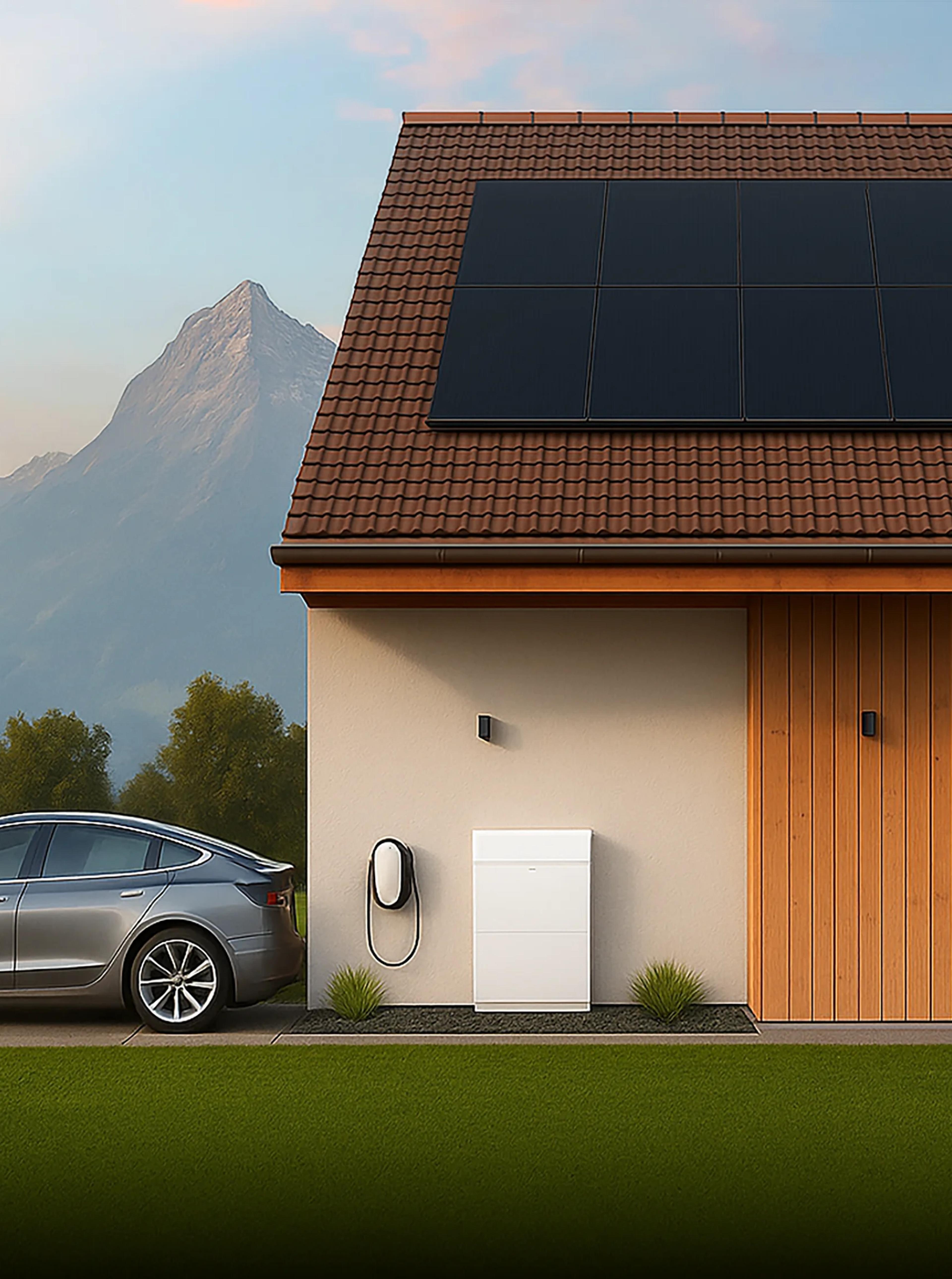 Haus mit Photovoltaik, Speicher und Wallbox angeschlossen an ein E-Auto