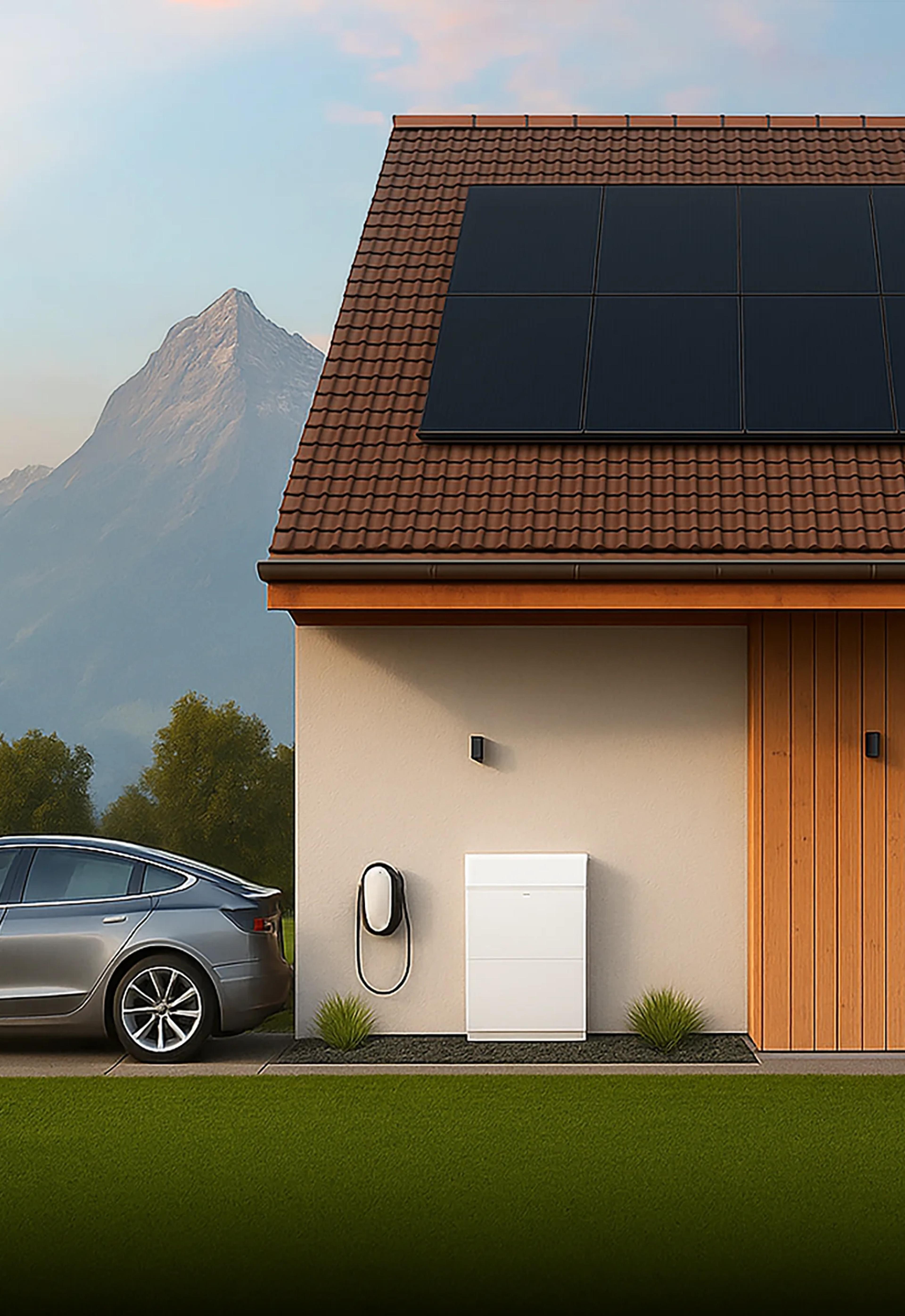 Maison équipée d'un système photovoltaïque, d'un accumulateur et d'une borne de recharge connectée à une voiture électrique